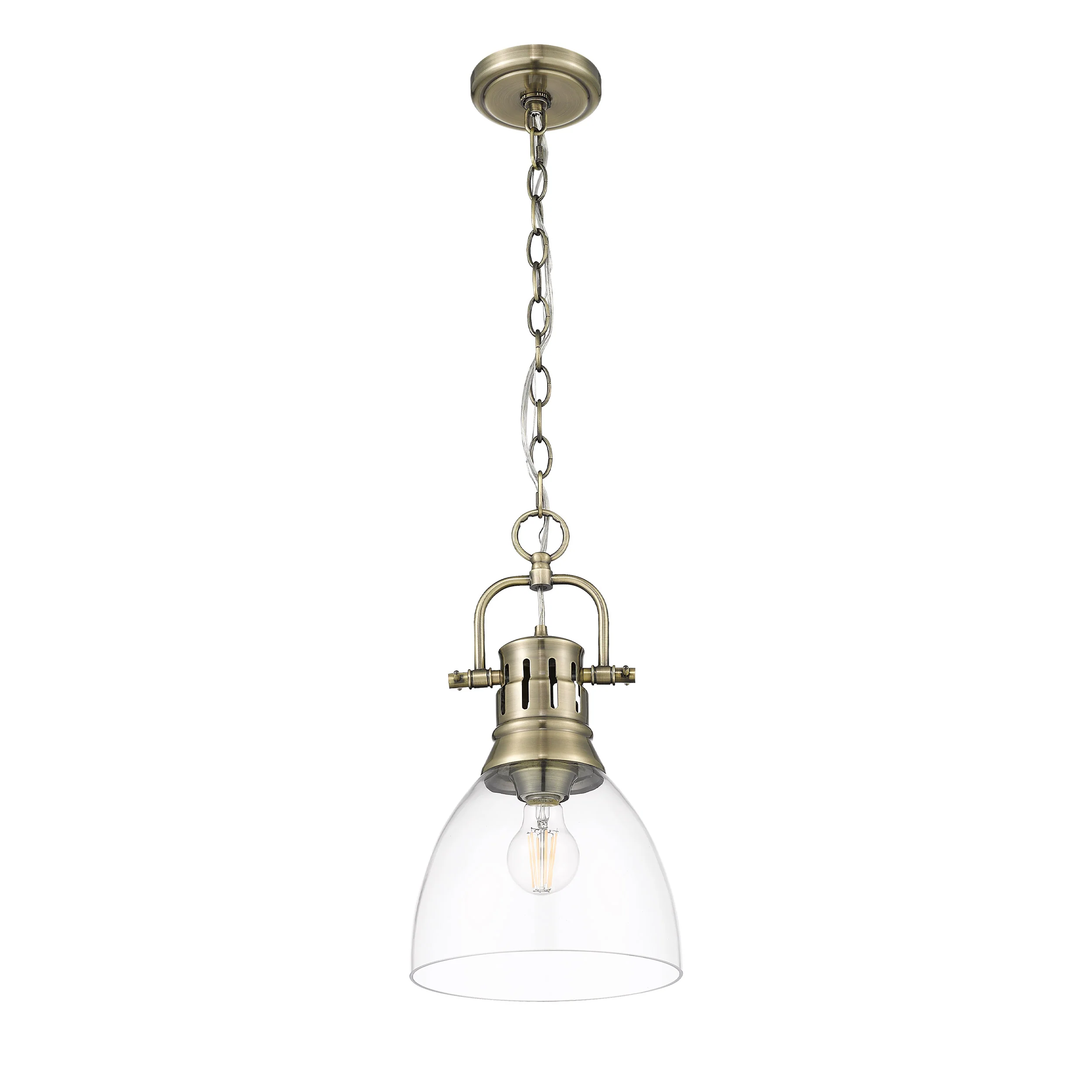 Duncan 1-light 9in chain hung Pendant in Aged Brass and Clear Glass - Image 3