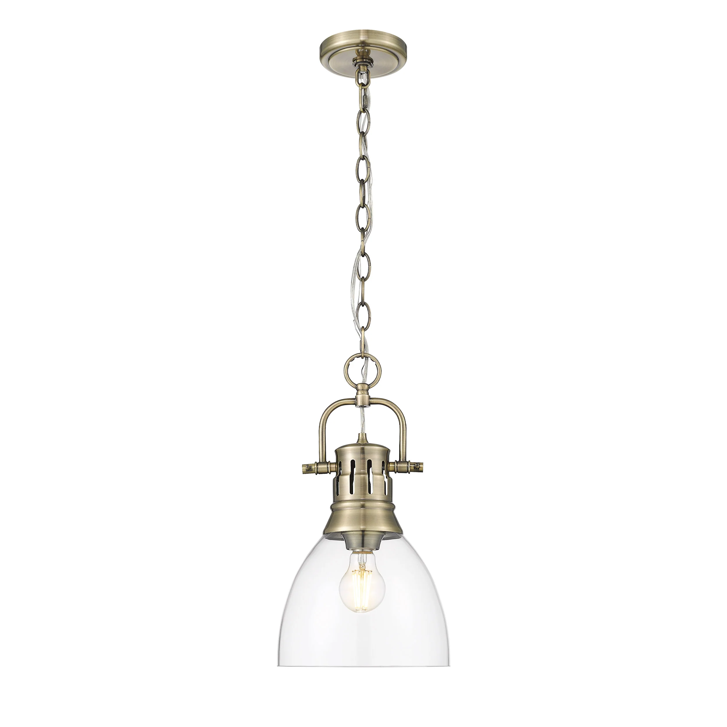 Duncan 1-light 9in chain hung Pendant in Aged Brass and Clear Glass - Image 4