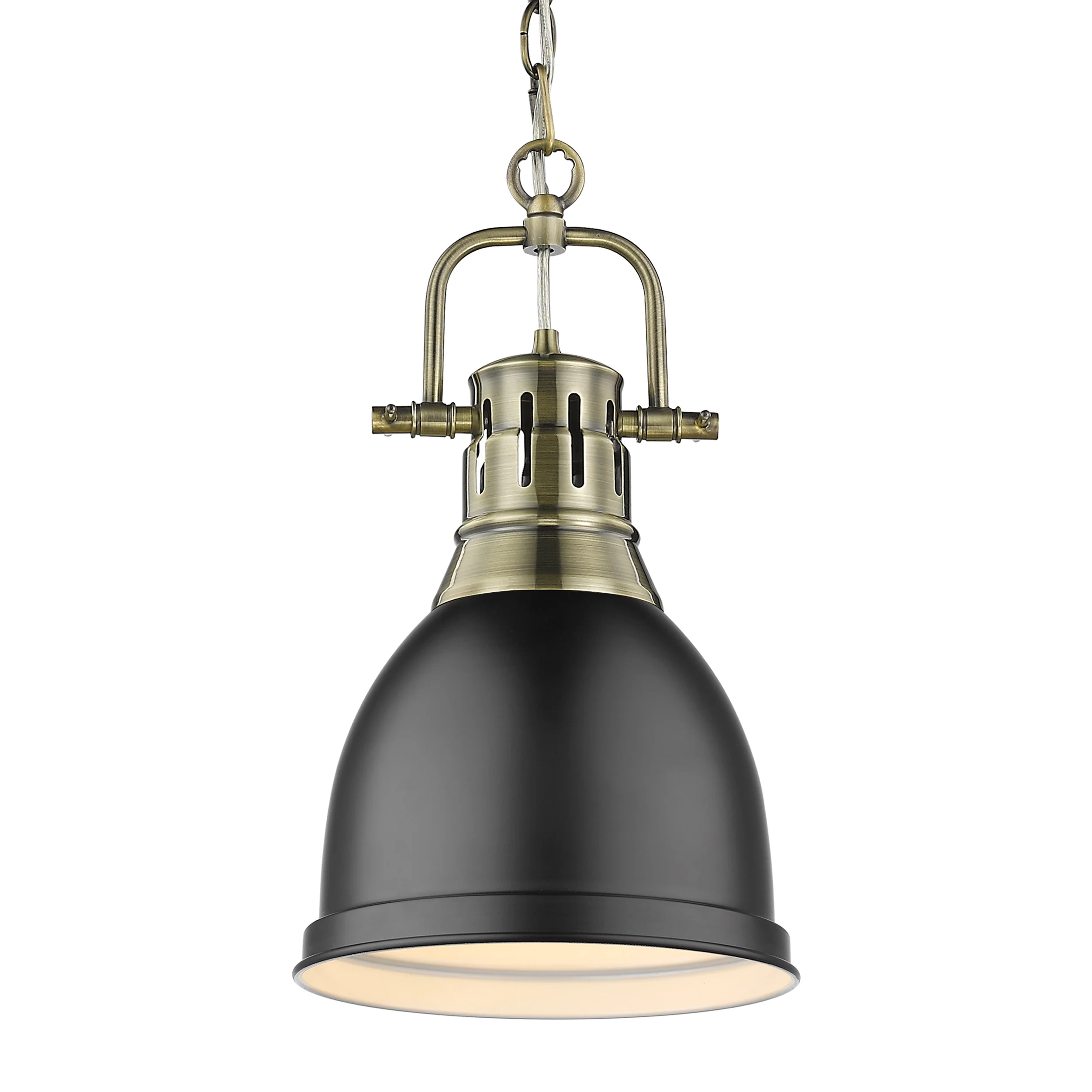 Duncan 1-light 9in Chain Hung Pendant in Aged Brass and Matte Black shade