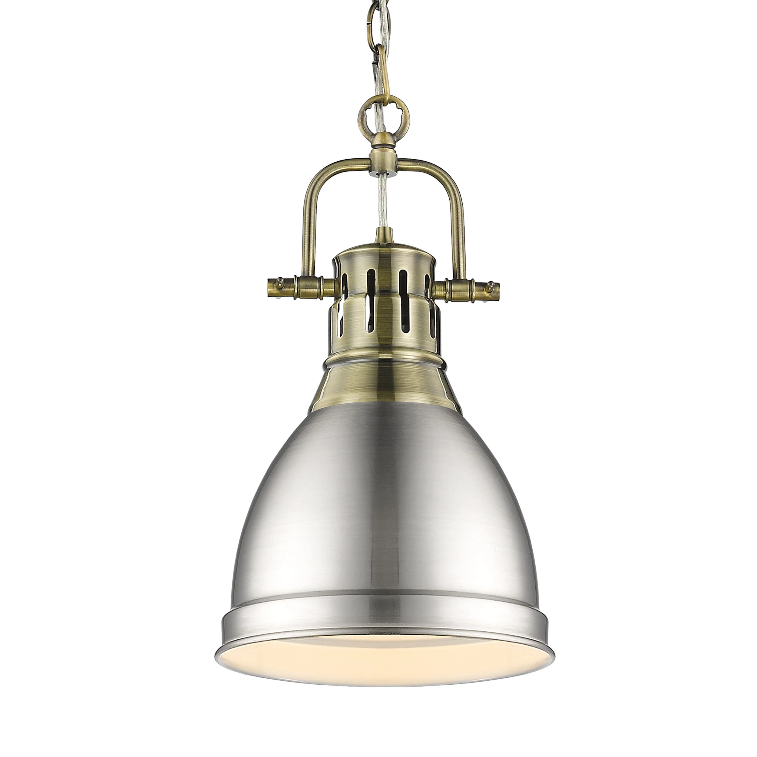 Duncan 1-light 9in Chain Hung Pendant in Aged Brass and Pewter shade