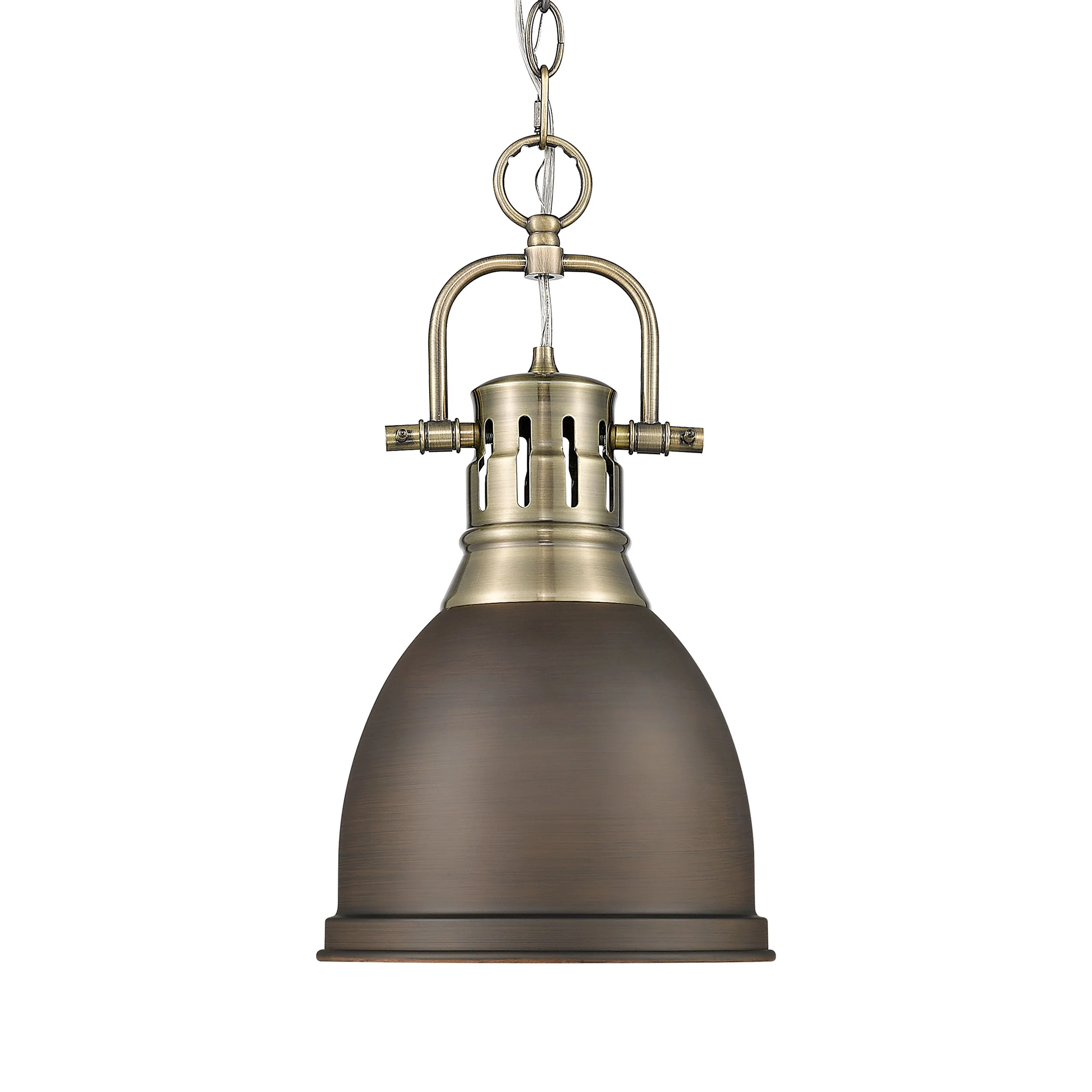 Duncan 1-light 9in Chain Hung Pendant in Aged Brass and Rubbed Bronze shade