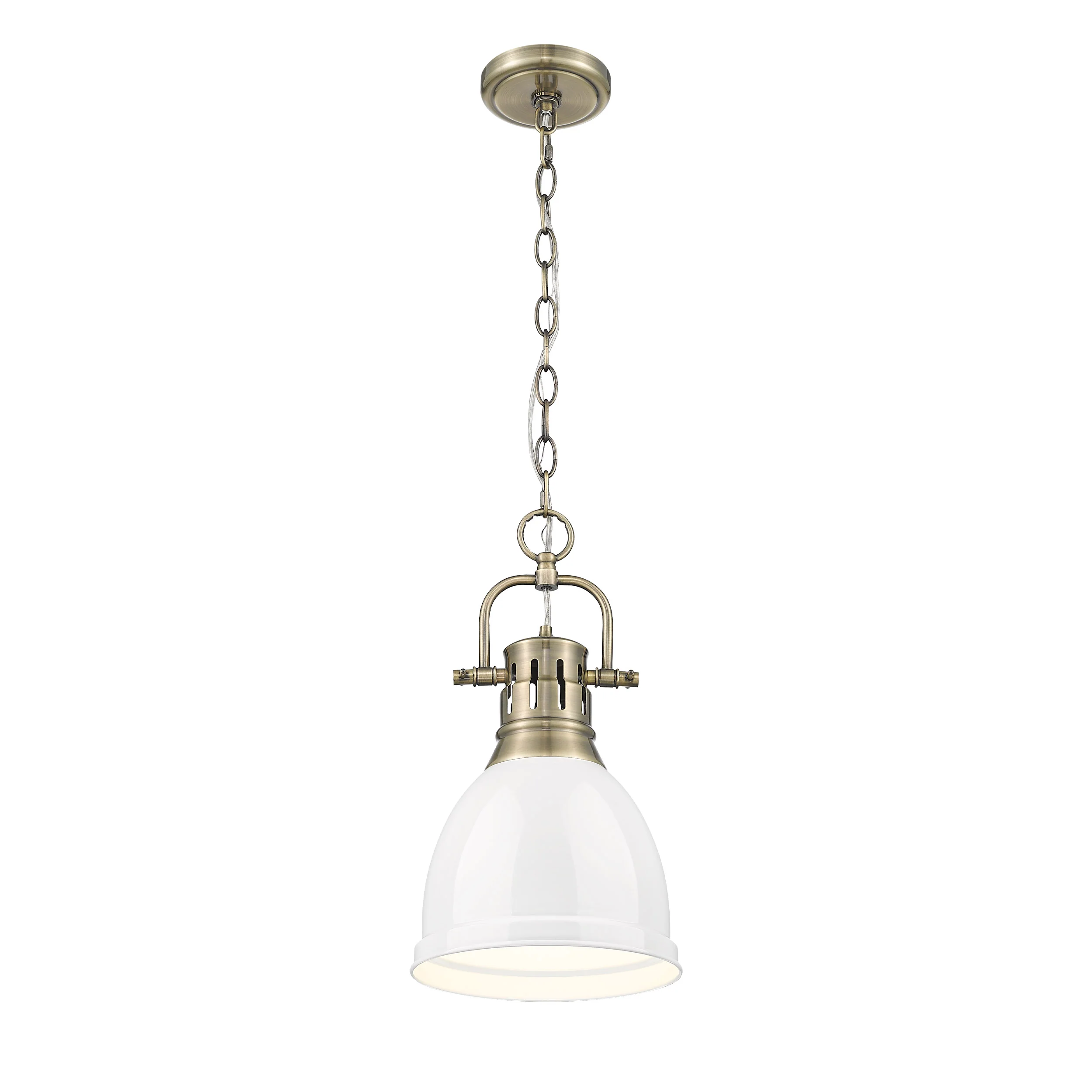 Duncan 1-light 9in Chain Hung Pendant in Aged Brass and White shade - Image 2