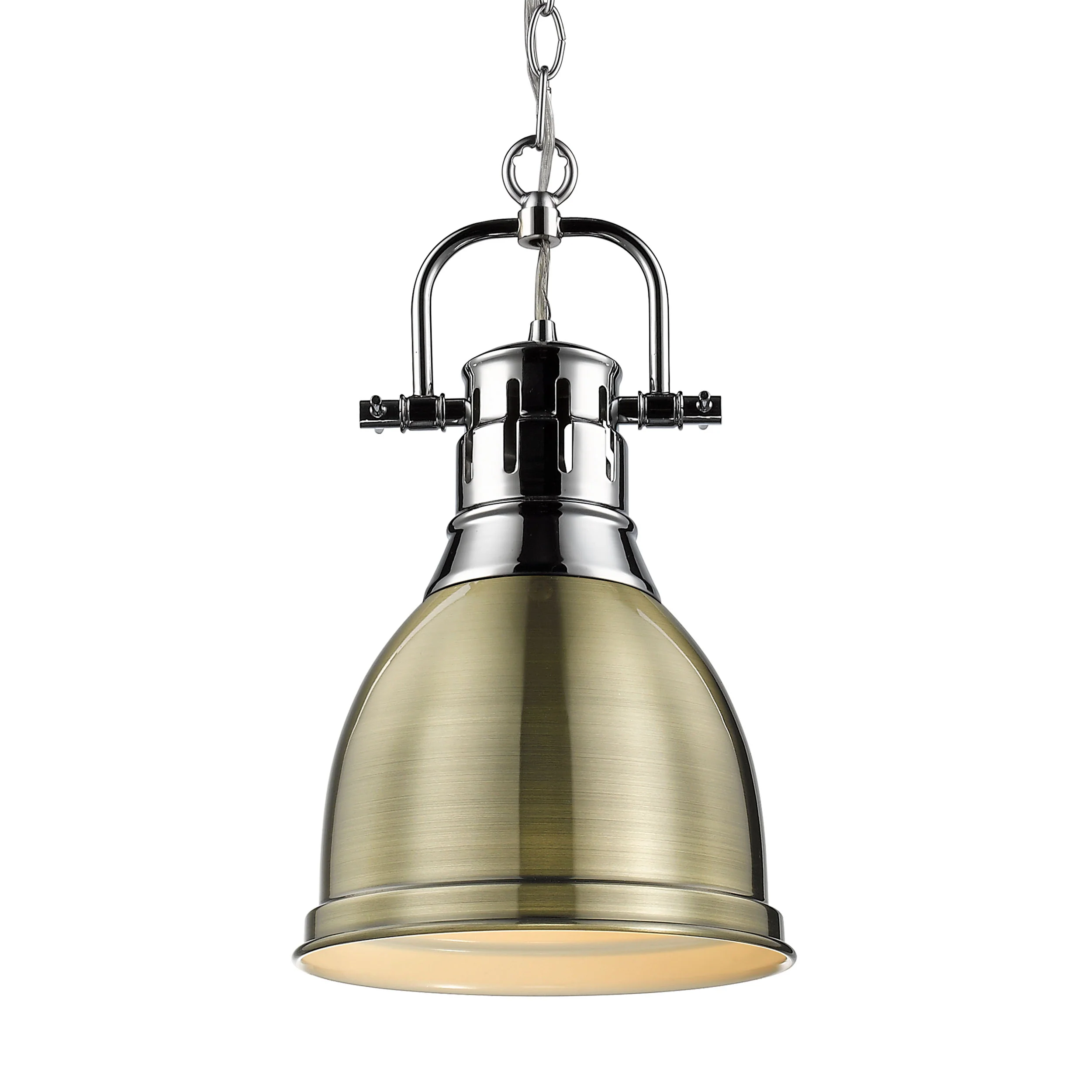 Duncan 1-light 9in Chain Hung Pendant in Chrome and Aged Brass shade