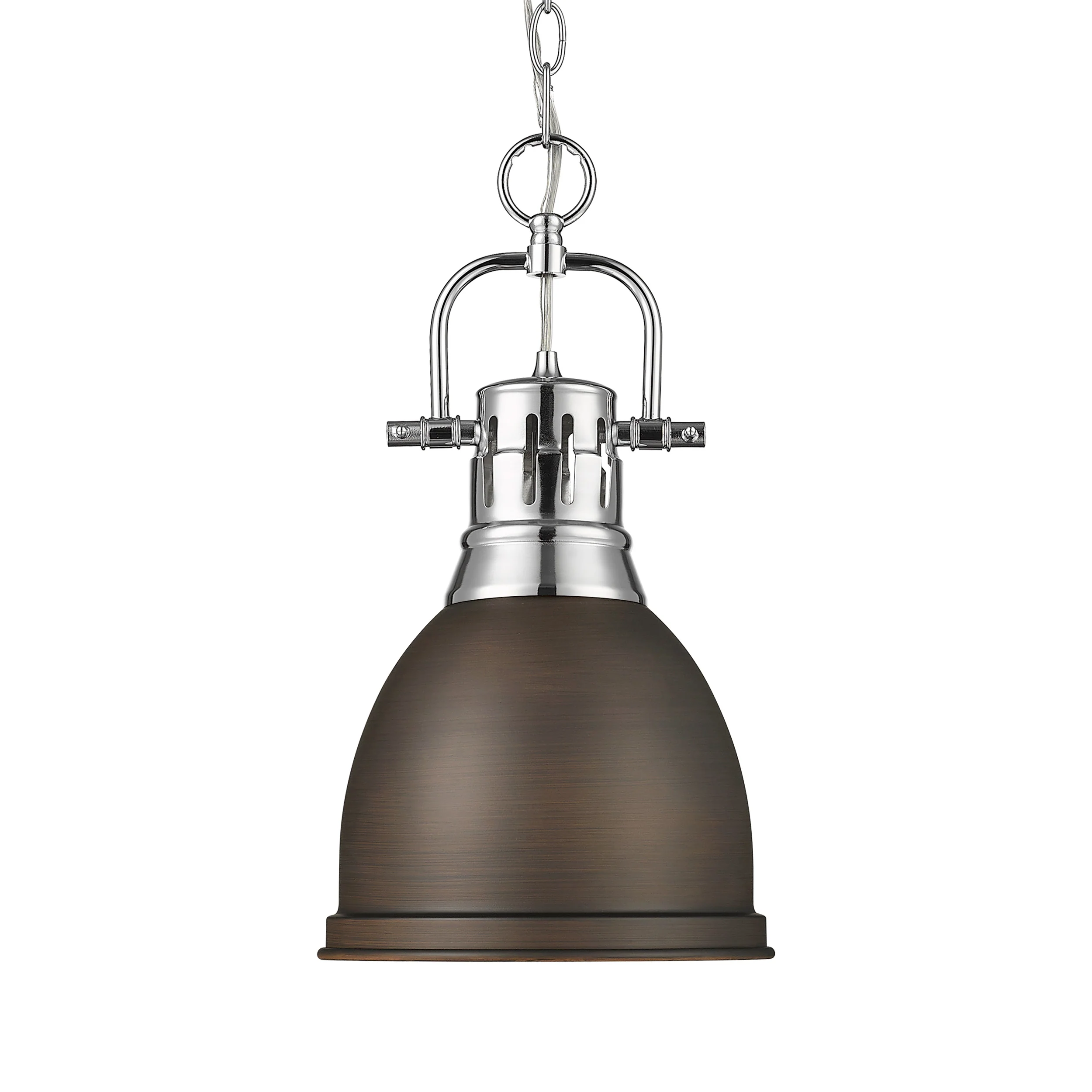 Duncan 1-light 9in Chain Hung Pendant in Chrome and Rubbed Bronze shade