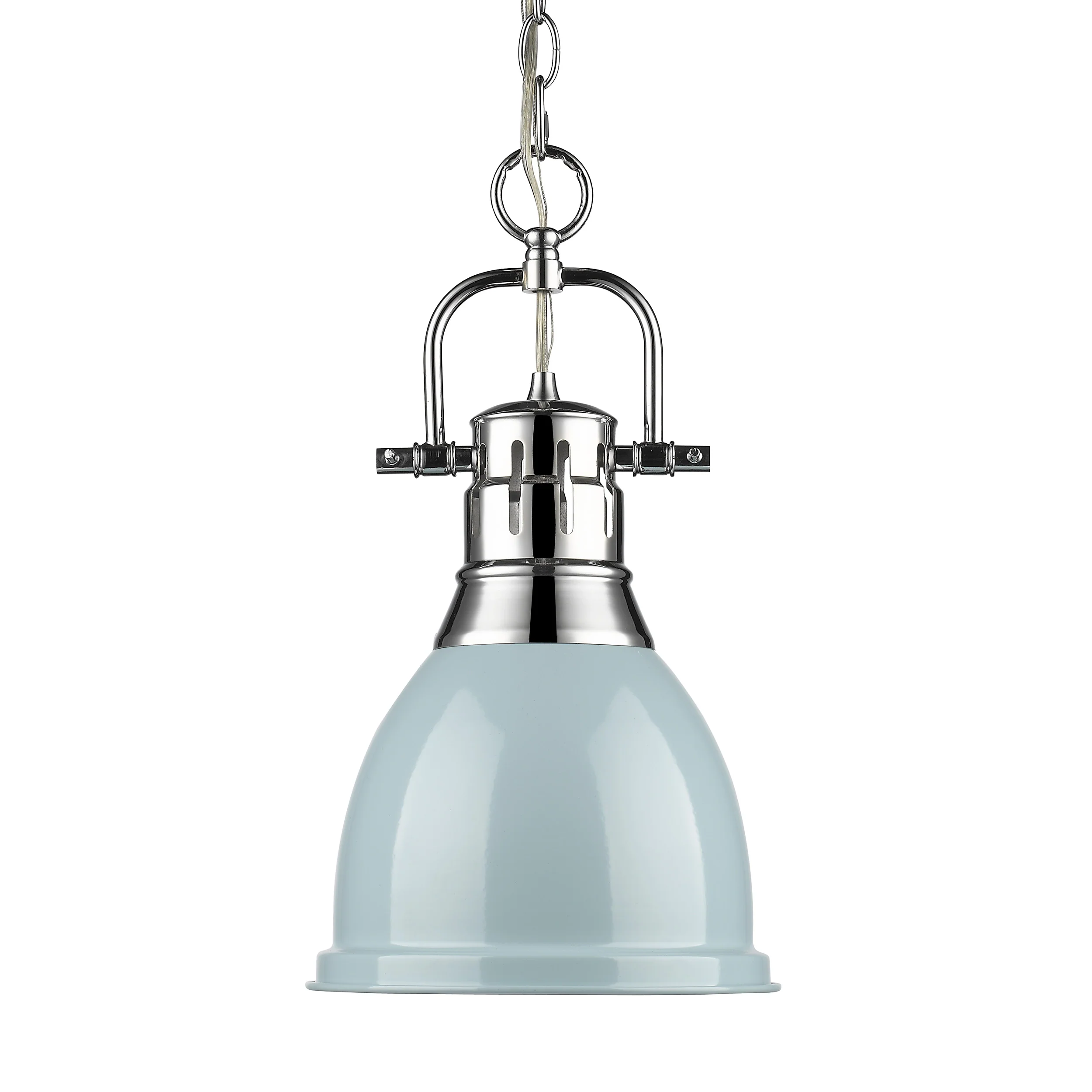 Duncan 1-light 9in Chain Hung Pendant in Chrome and Seafoam shade