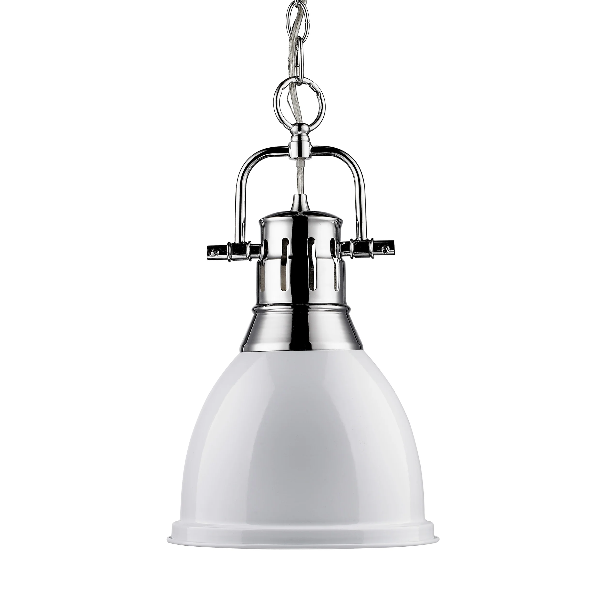 Duncan 1-light 9in Chain Hung Pendant in Chrome and White shade