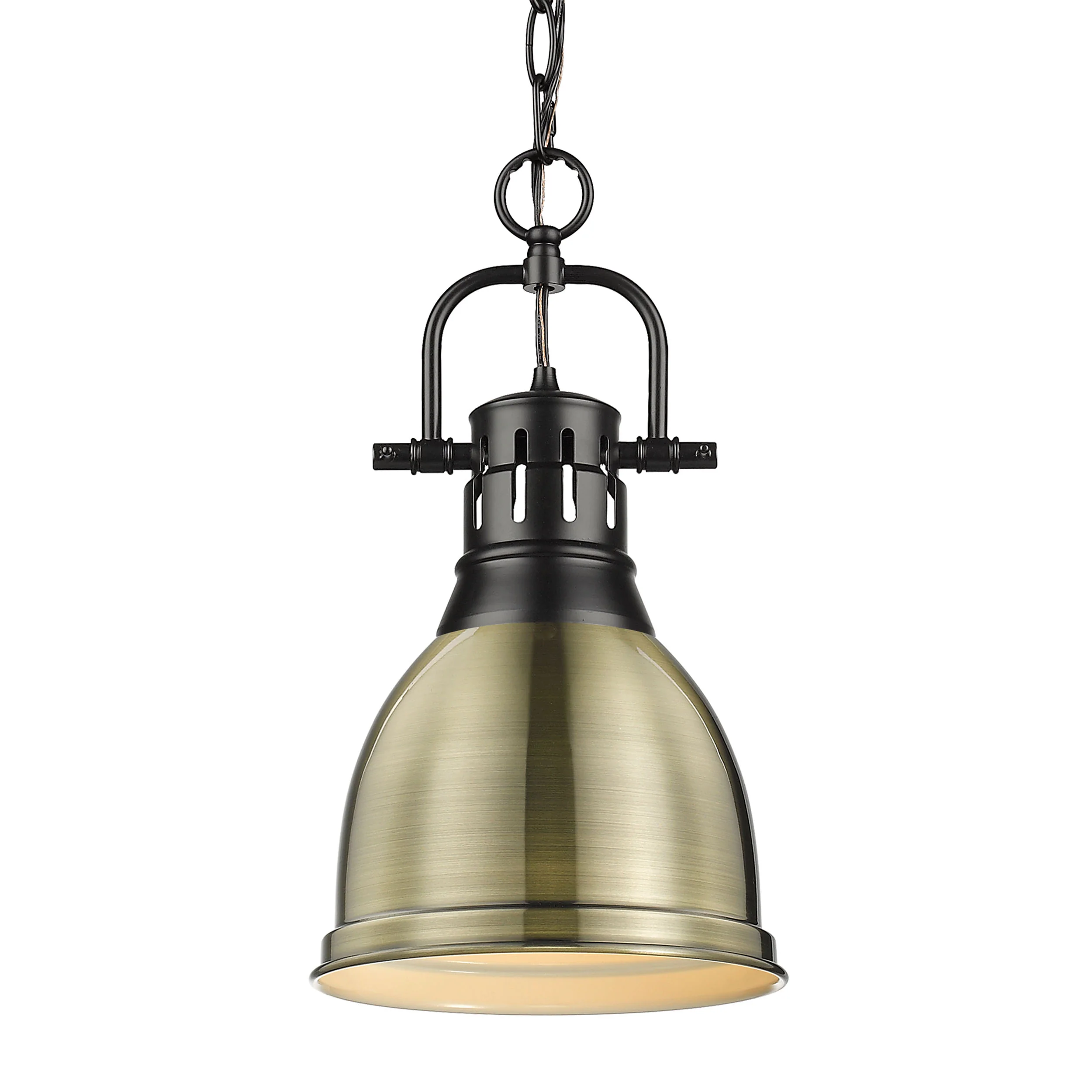 Duncan 1-light 9in Chain Hung Pendant in Matte Black and Aged Brass shade