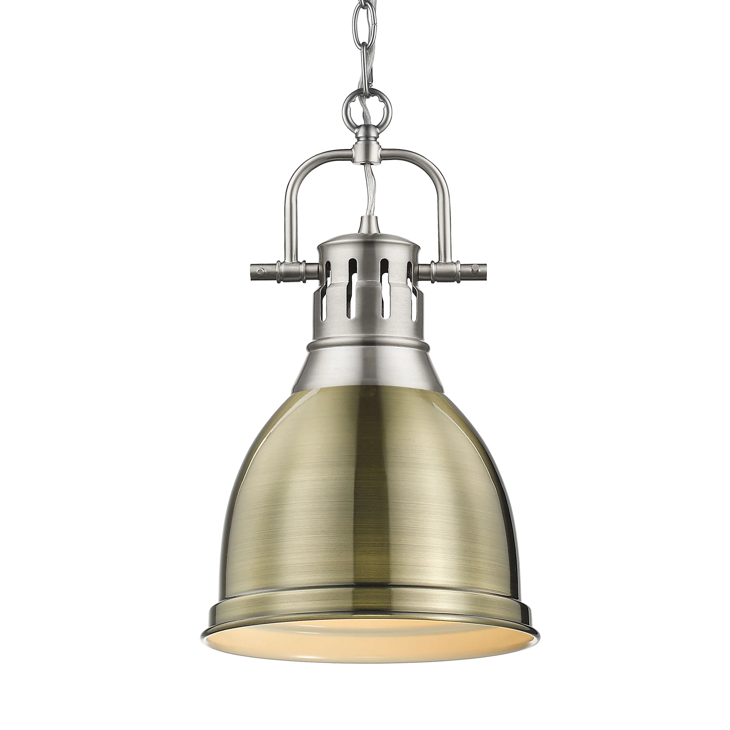 Duncan 1-light 9in Chain Hung Pendant in Pewter and Aged Brass shade