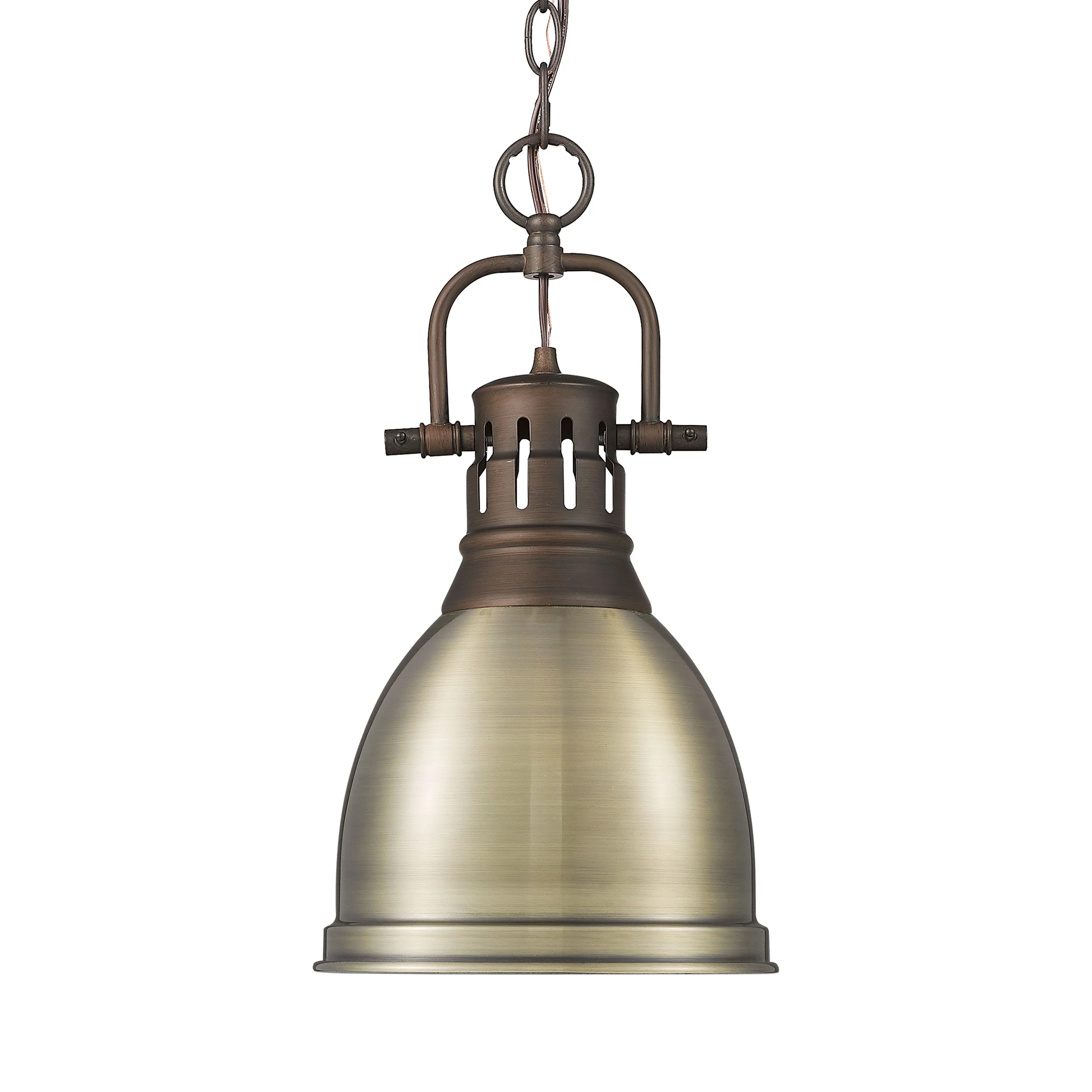 Duncan 1-light 9in Chain Hung Pendant in Rubbed Bronze and Aged Brass shade