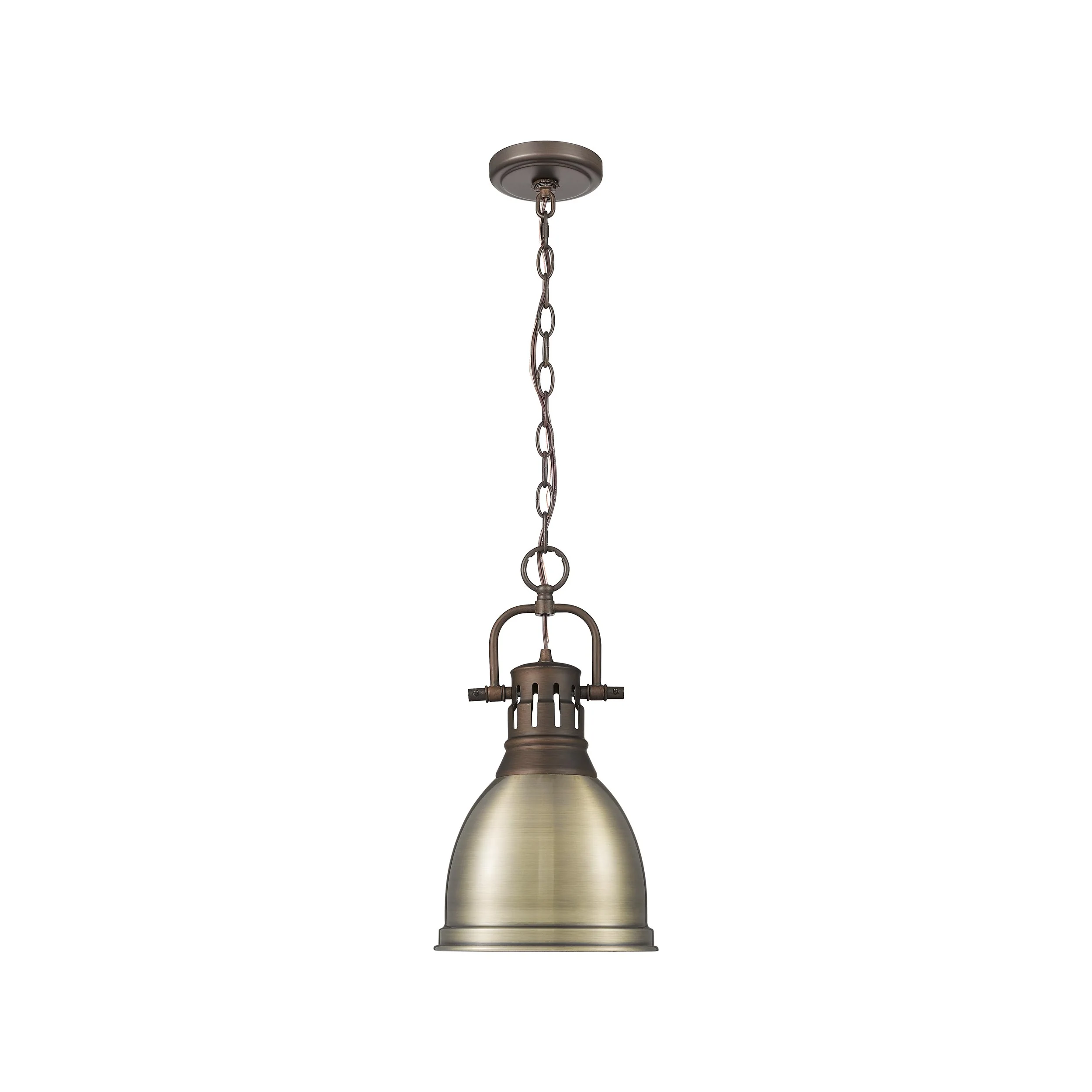 Duncan 1-light 9in Chain Hung Pendant in Rubbed Bronze and Aged Brass shade - Image 4