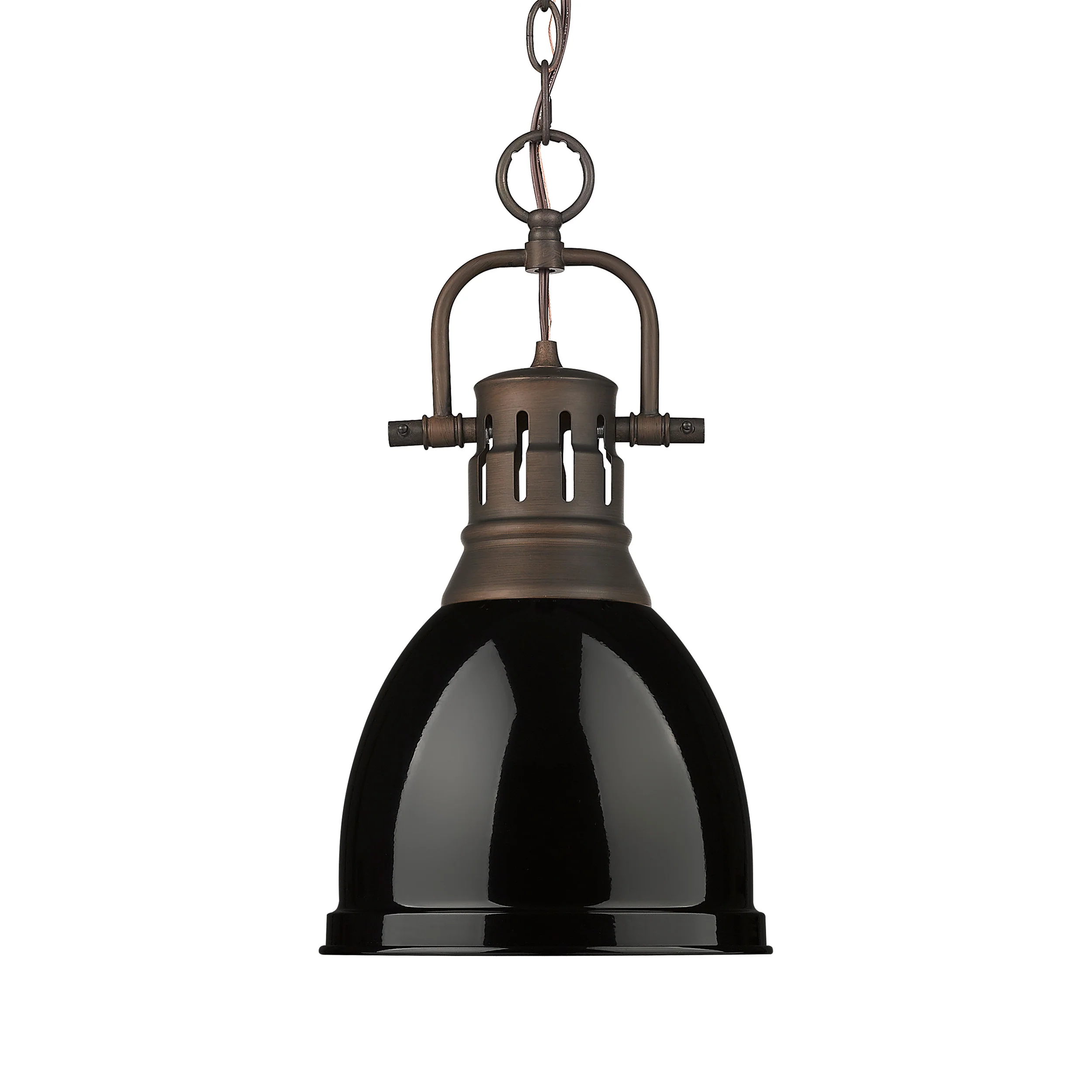 Duncan 1-light 9in Chain Hung Pendant in Rubbed Bronze and Black shade