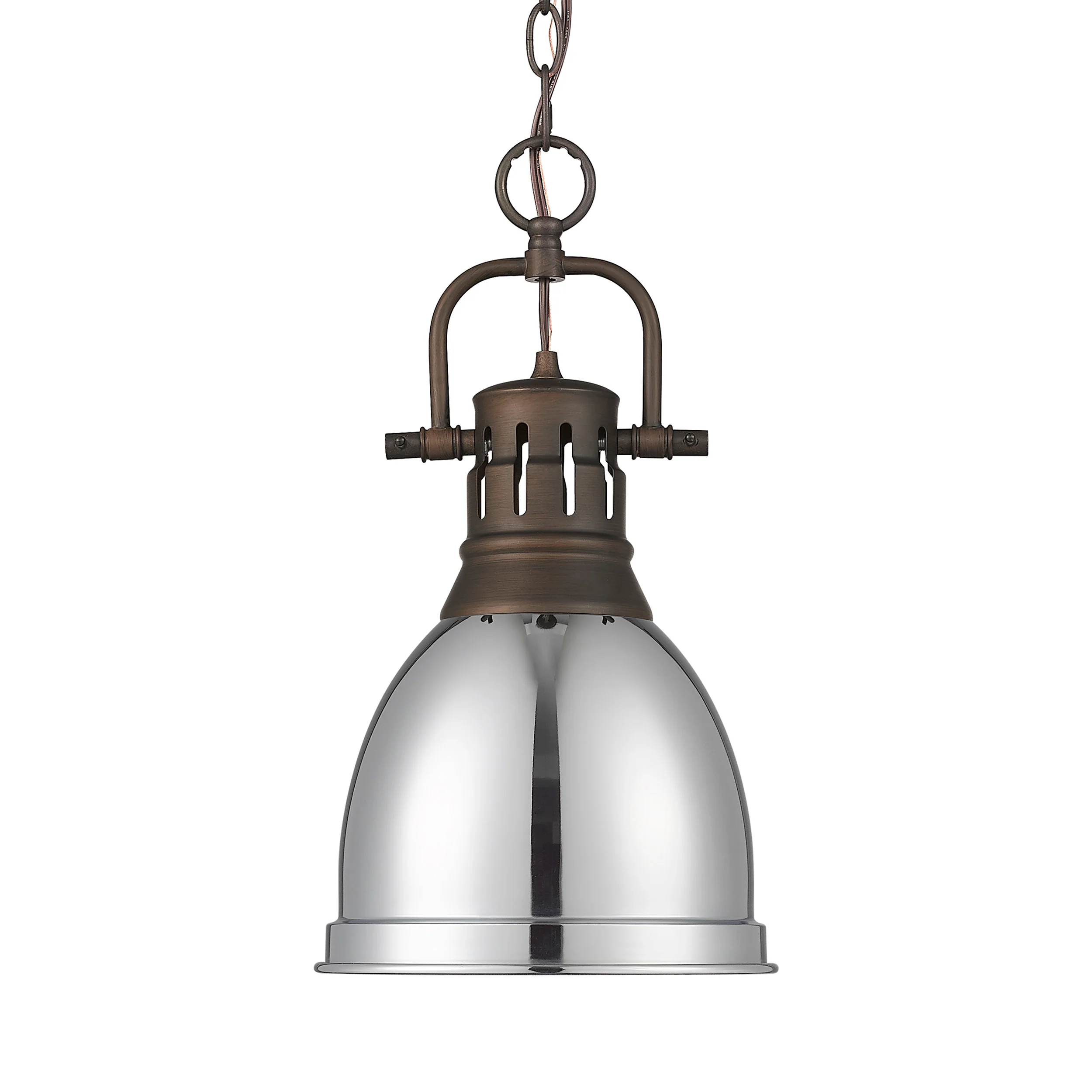 Duncan 1-light 9in Chain Hung Pendant in Rubbed Bronze and Chrome shade