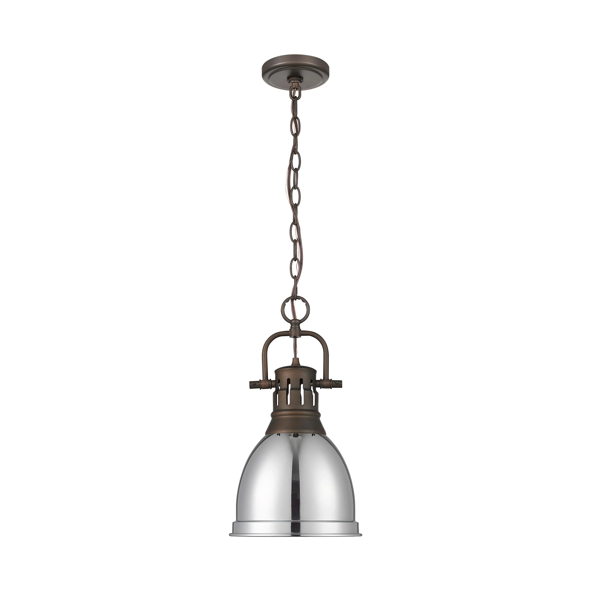 Duncan 1-light 9in Chain Hung Pendant in Rubbed Bronze and Chrome shade - Image 4