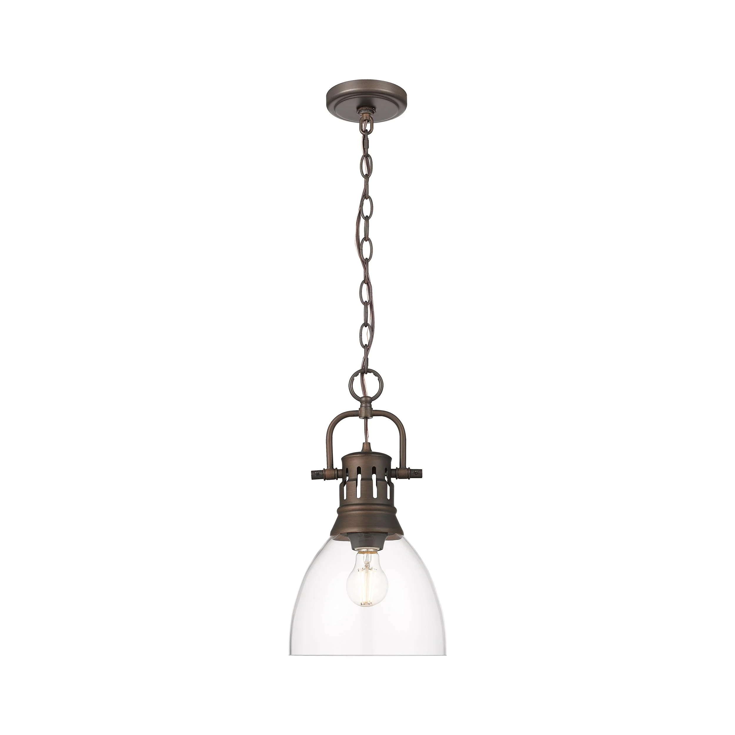 Duncan 1-light 9in chain hung Pendant in Rubbed Bronze and Clear Glass - Image 4