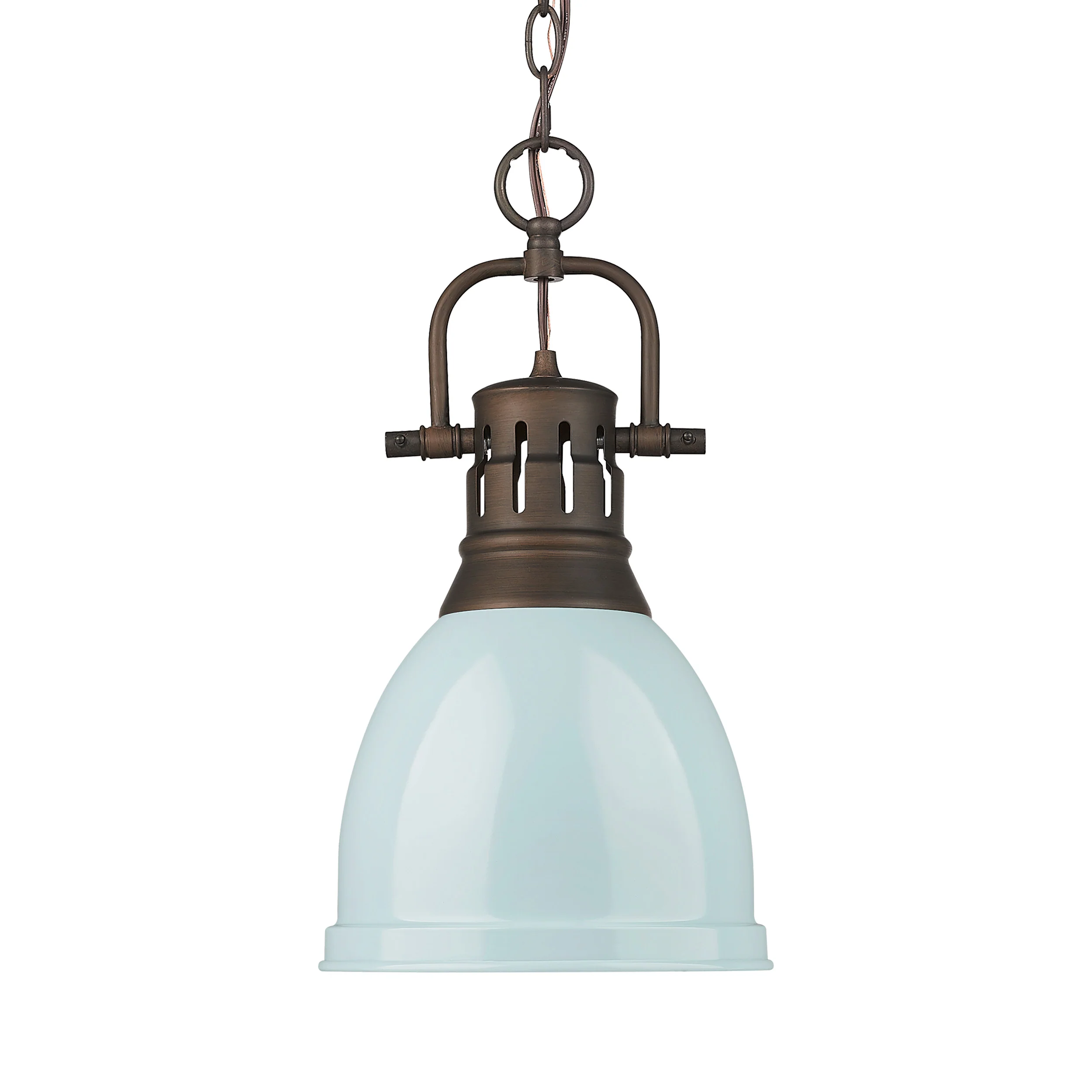 Duncan 1-light 9in Chain Hung Pendant in Rubbed Bronze and Seafoam shade