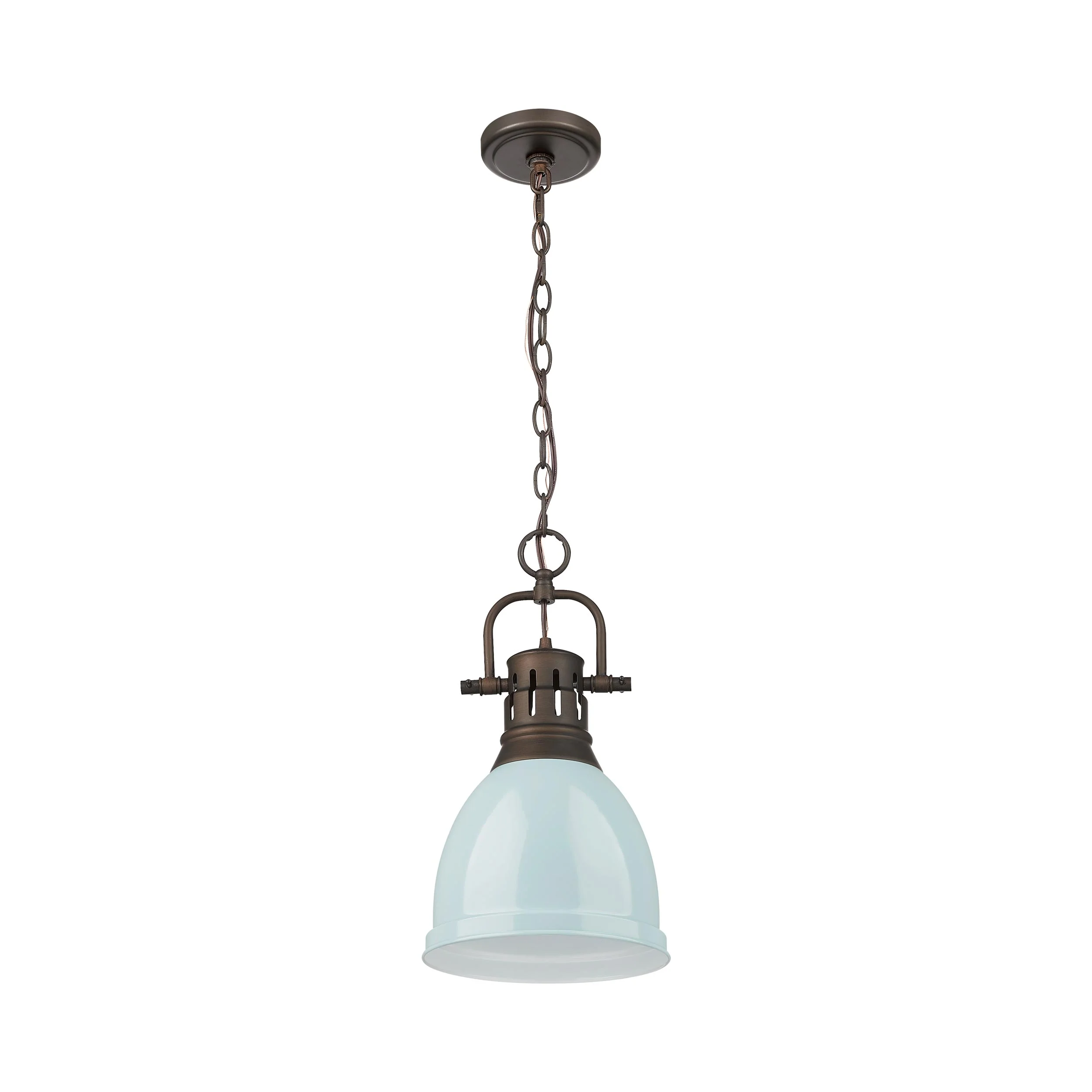 Duncan 1-light 9in Chain Hung Pendant in Rubbed Bronze and Seafoam shade - Image 2