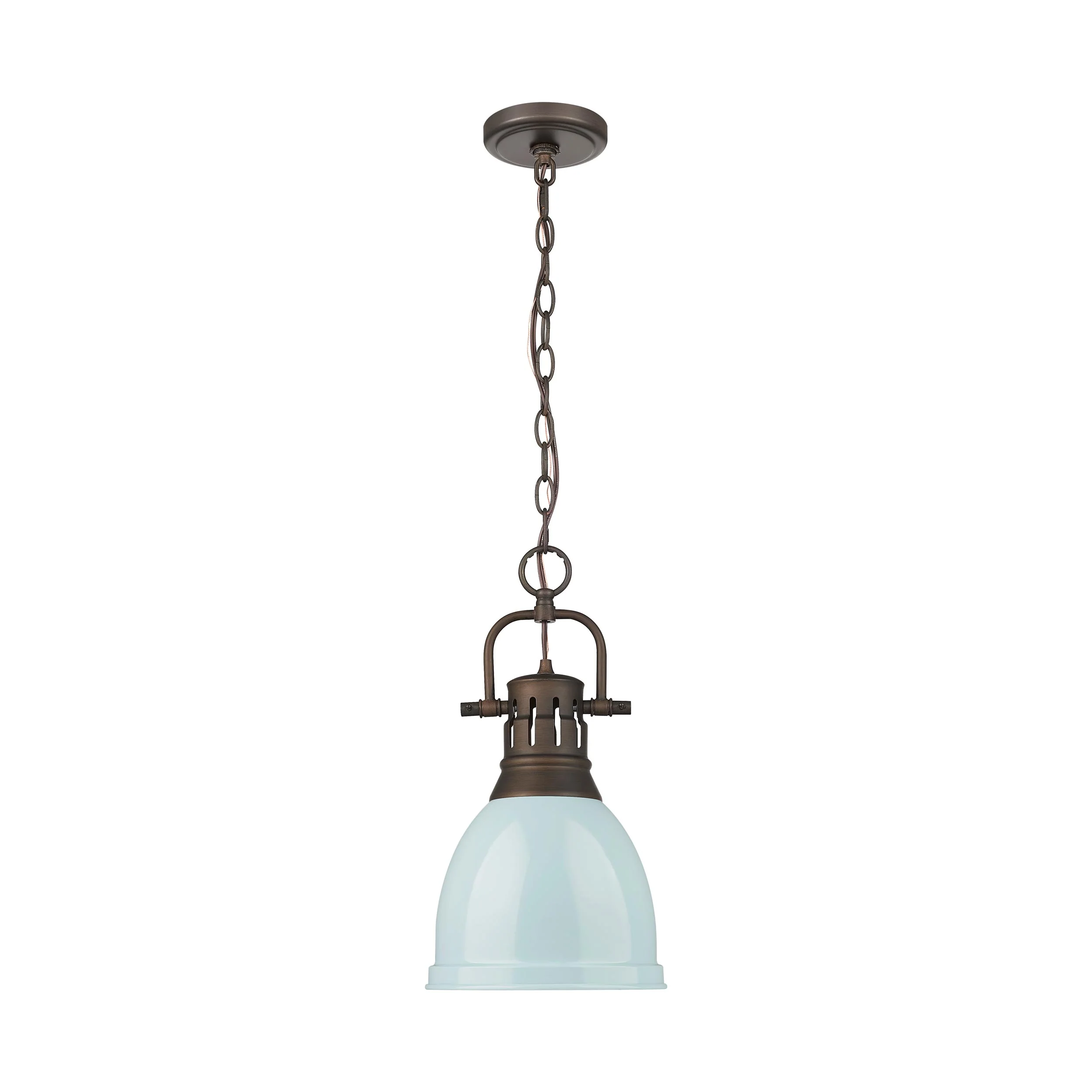 Duncan 1-light 9in Chain Hung Pendant in Rubbed Bronze and Seafoam shade - Image 4