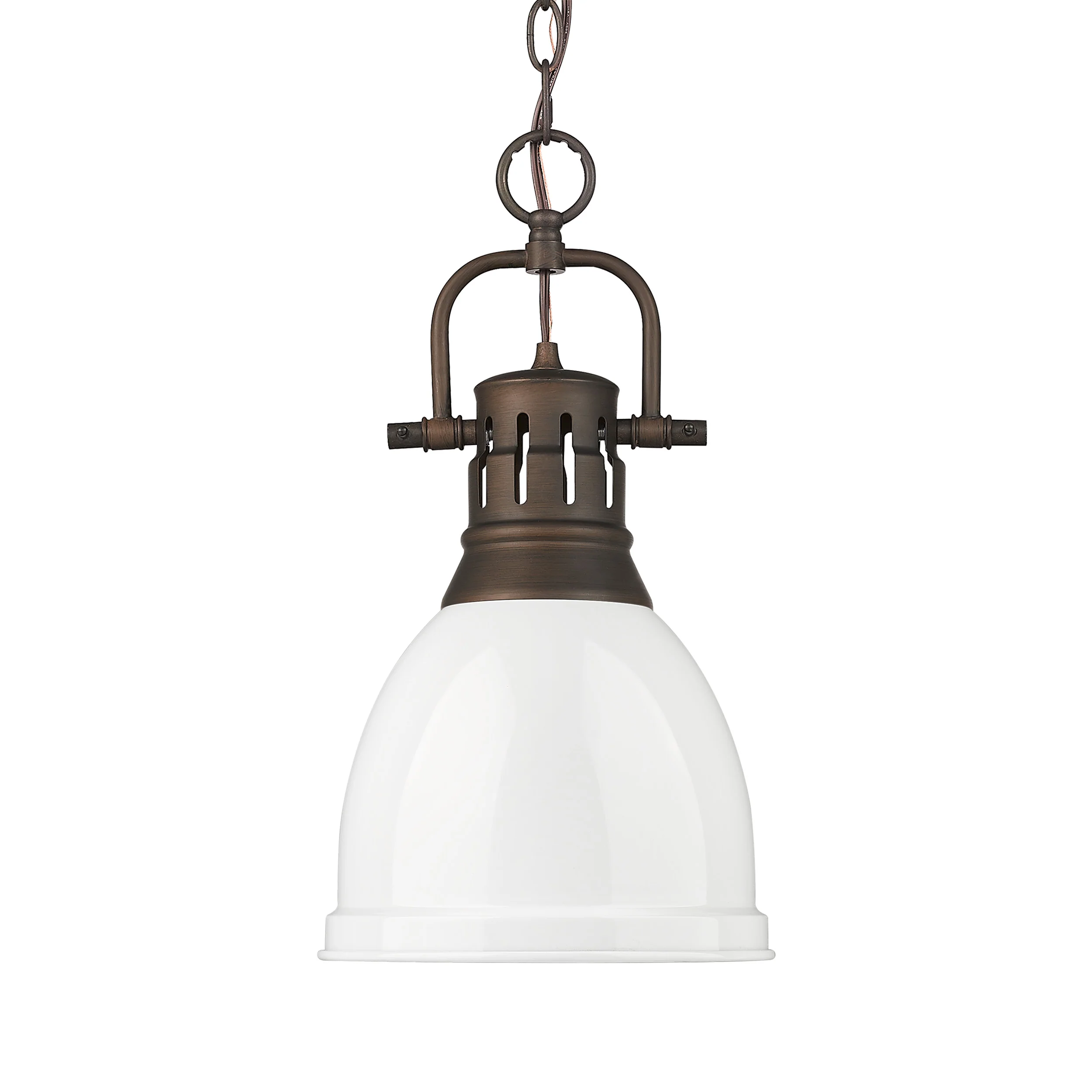 Duncan 1-light 9in Chain Hung Pendant in Rubbed Bronze and White shade