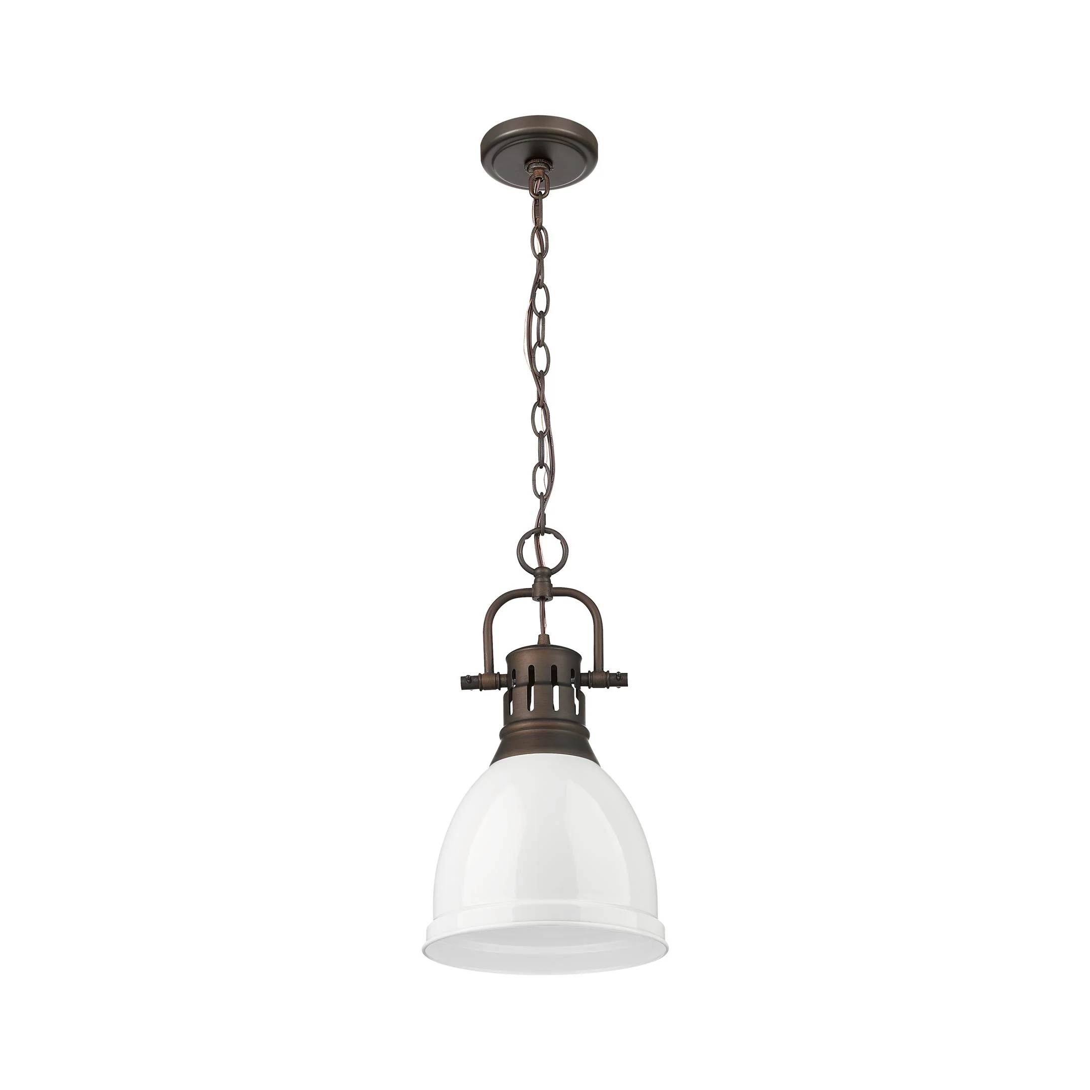 Duncan 1-light 9in Chain Hung Pendant in Rubbed Bronze and White shade - Image 3