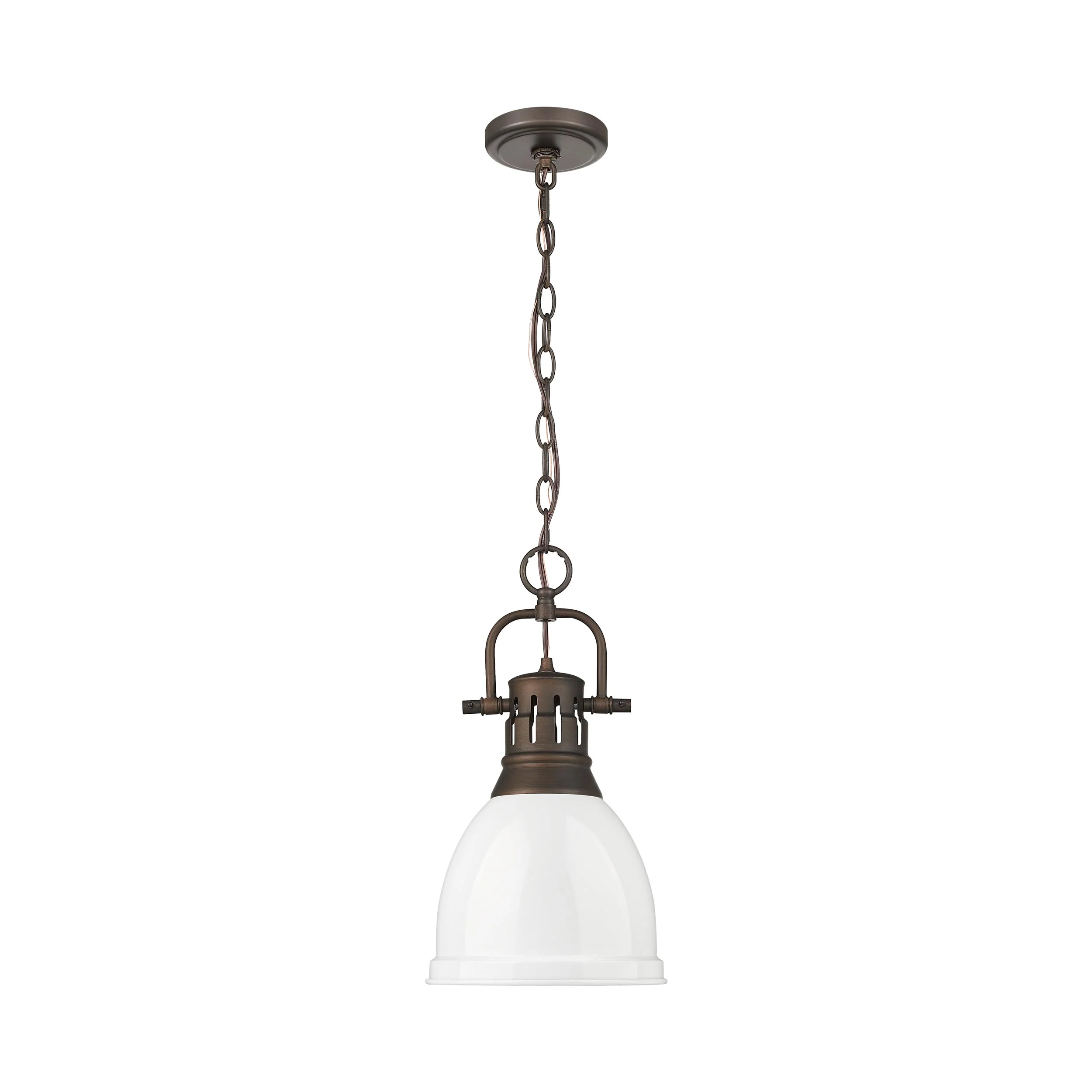 Duncan 1-light 9in Chain Hung Pendant in Rubbed Bronze and White shade - Image 4