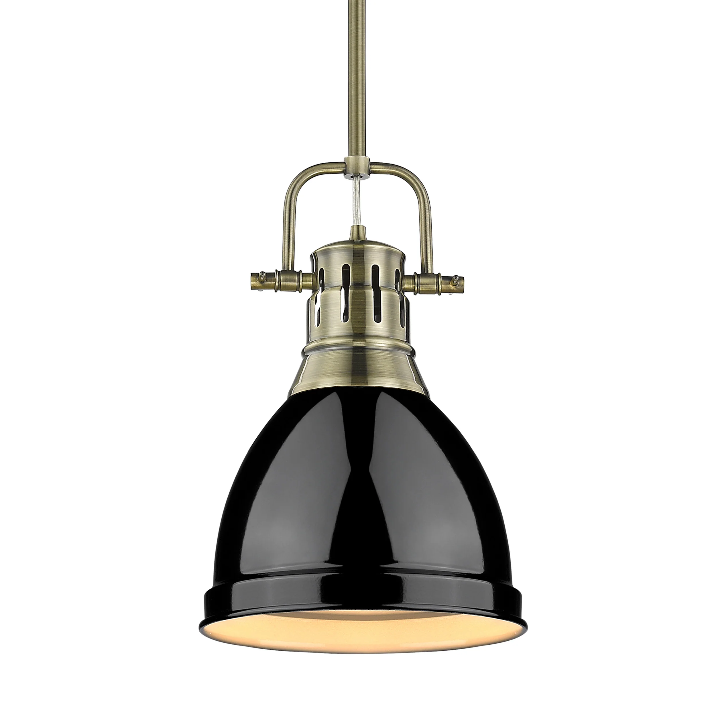 Duncan 1-light 9in Rod Hung Pendant in Aged Brass and Black shade