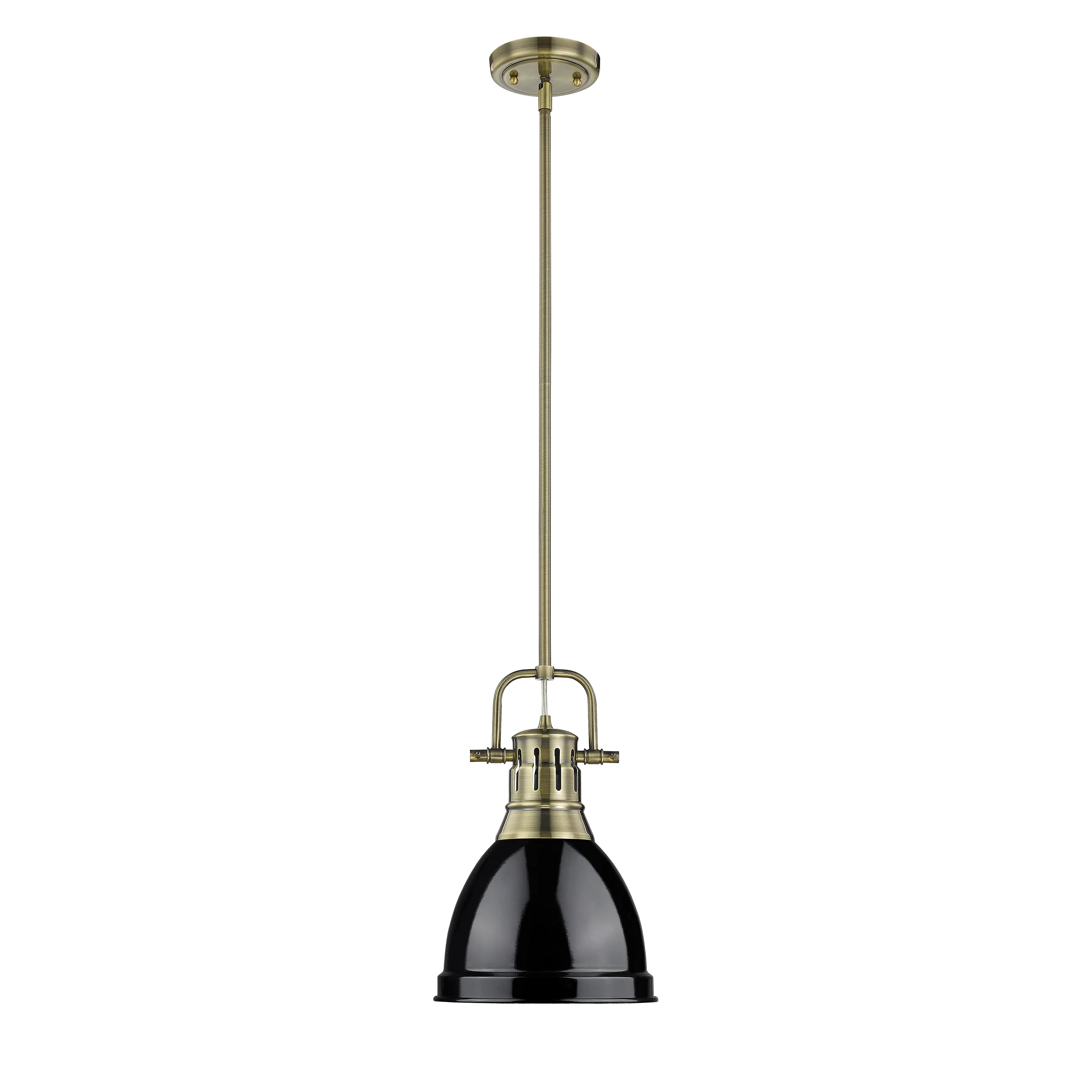 Duncan 1-light 9in Rod Hung Pendant in Aged Brass and Black shade - Image 2