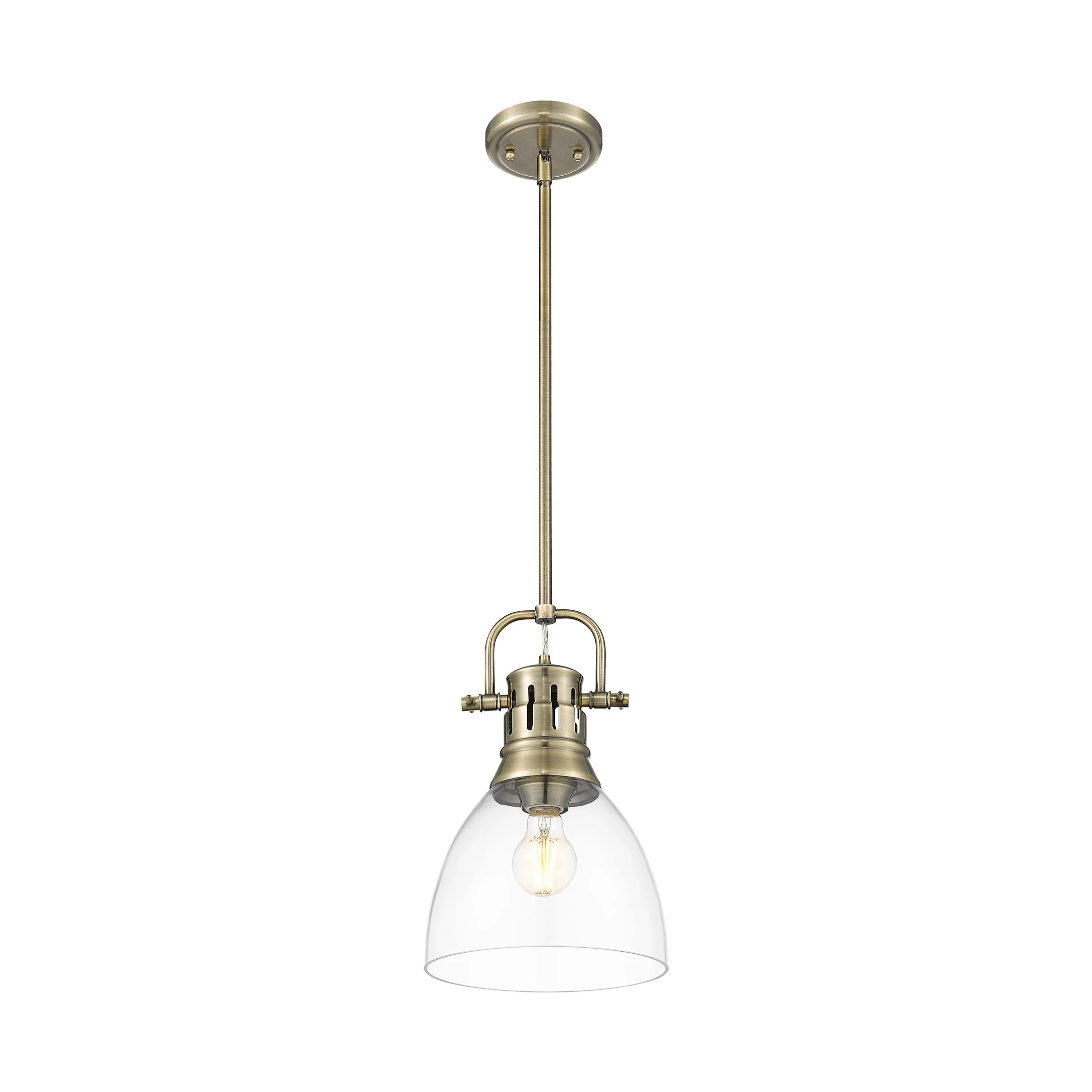 Duncan 1-light 9in rod hung Pendant in Aged Brass and Clear Glass - Image 2