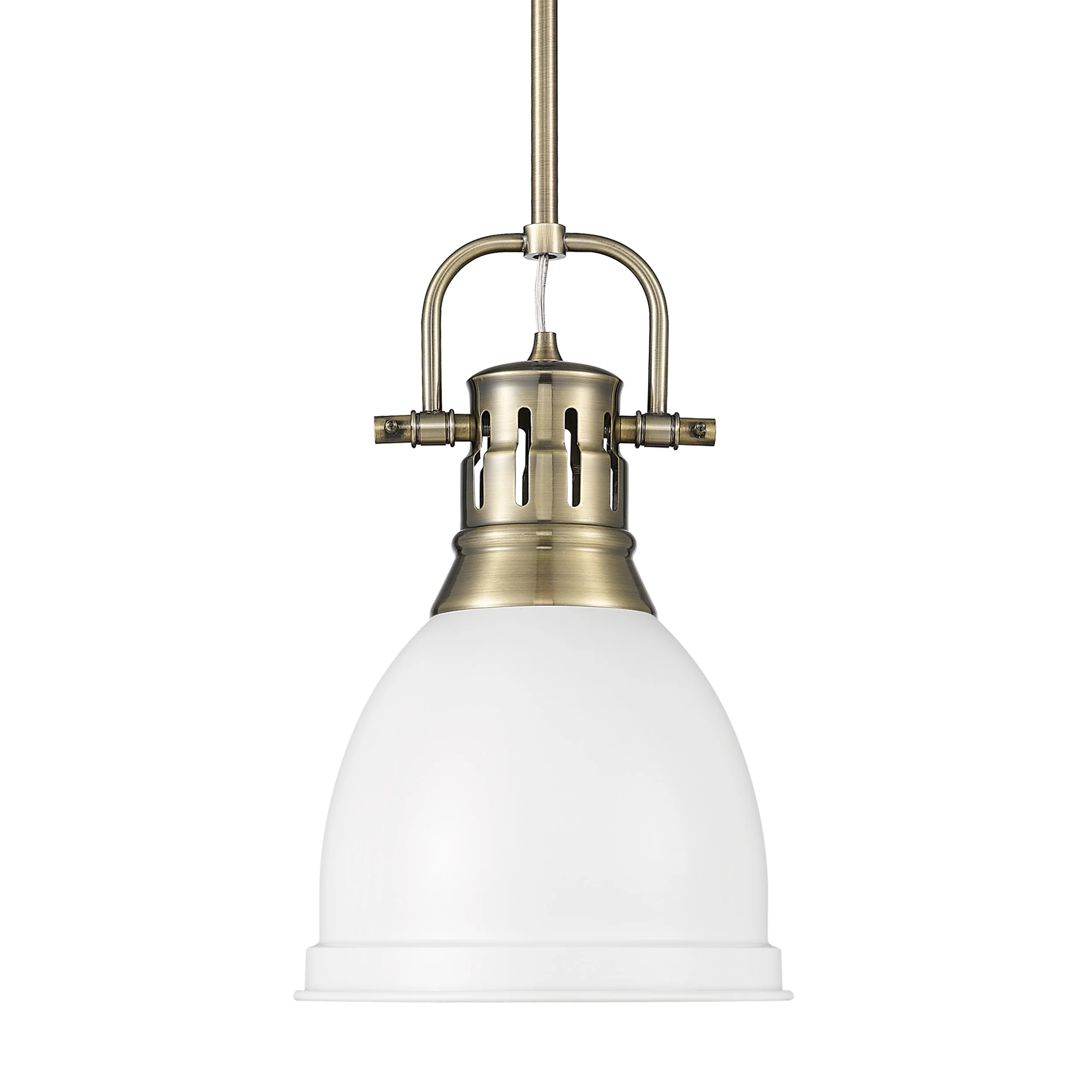 Duncan 1-light 9in Rod Hung Pendant in Aged Brass and Matte White shade