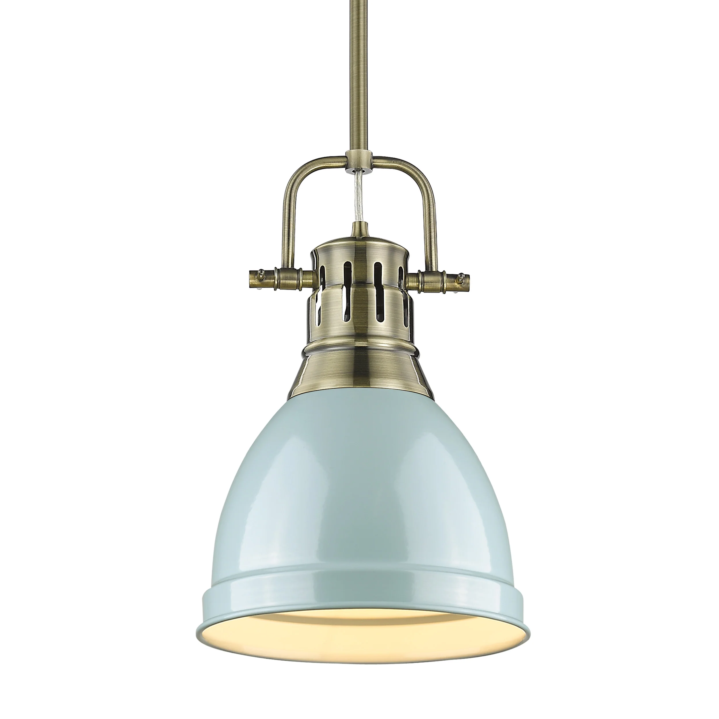Duncan 1-light 9in Rod Hung Pendant in Aged Brass and Seafoam shade