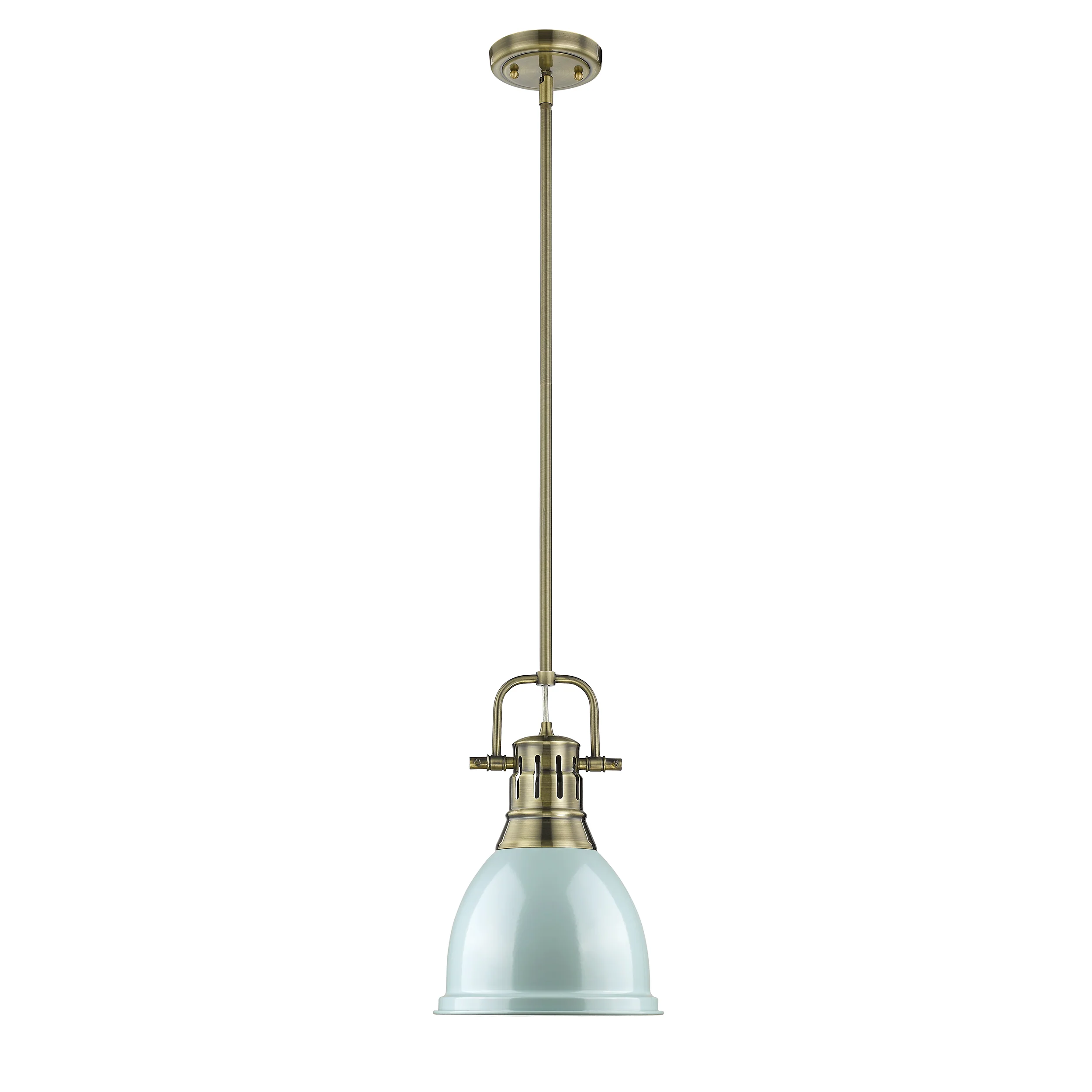 Duncan 1-light 9in Rod Hung Pendant in Aged Brass and Seafoam shade - Image 2