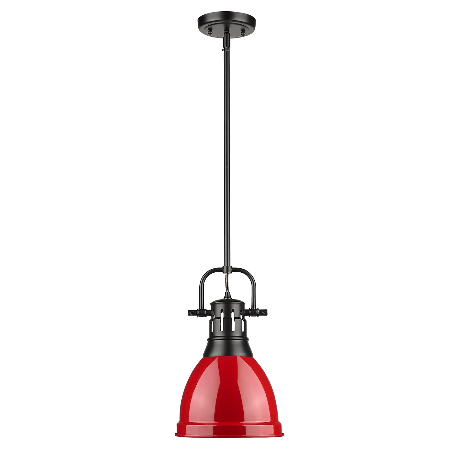 Duncan 1-light 9in Rod Hung Pendant in Matte Black and Red shade - Image 2