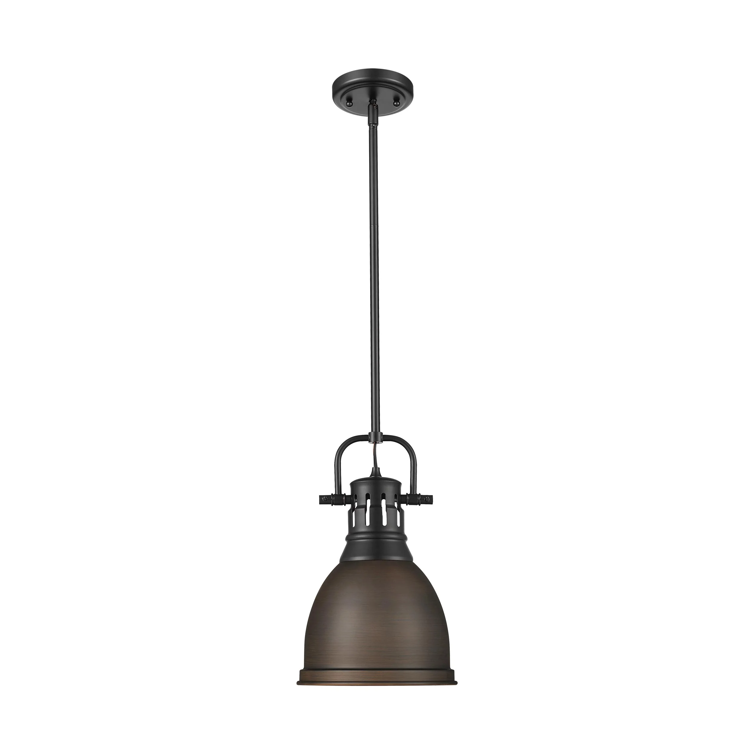 Duncan 1-light 9in Rod Hung Pendant in Matte Black and Rubbed Bronze shade - Image 4