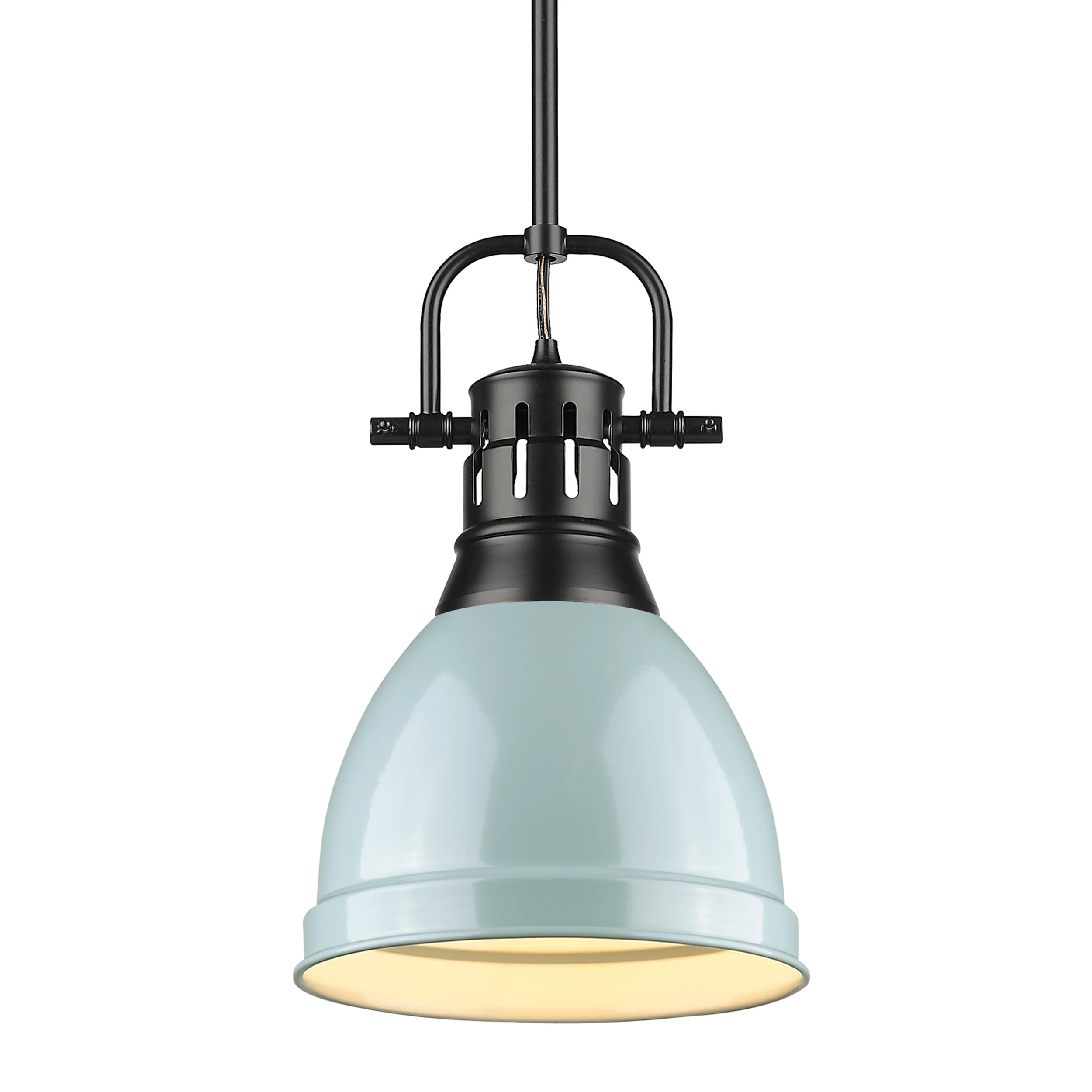 Duncan 1-light 9in Rod Hung Pendant in Matte Black and Seafoam shade
