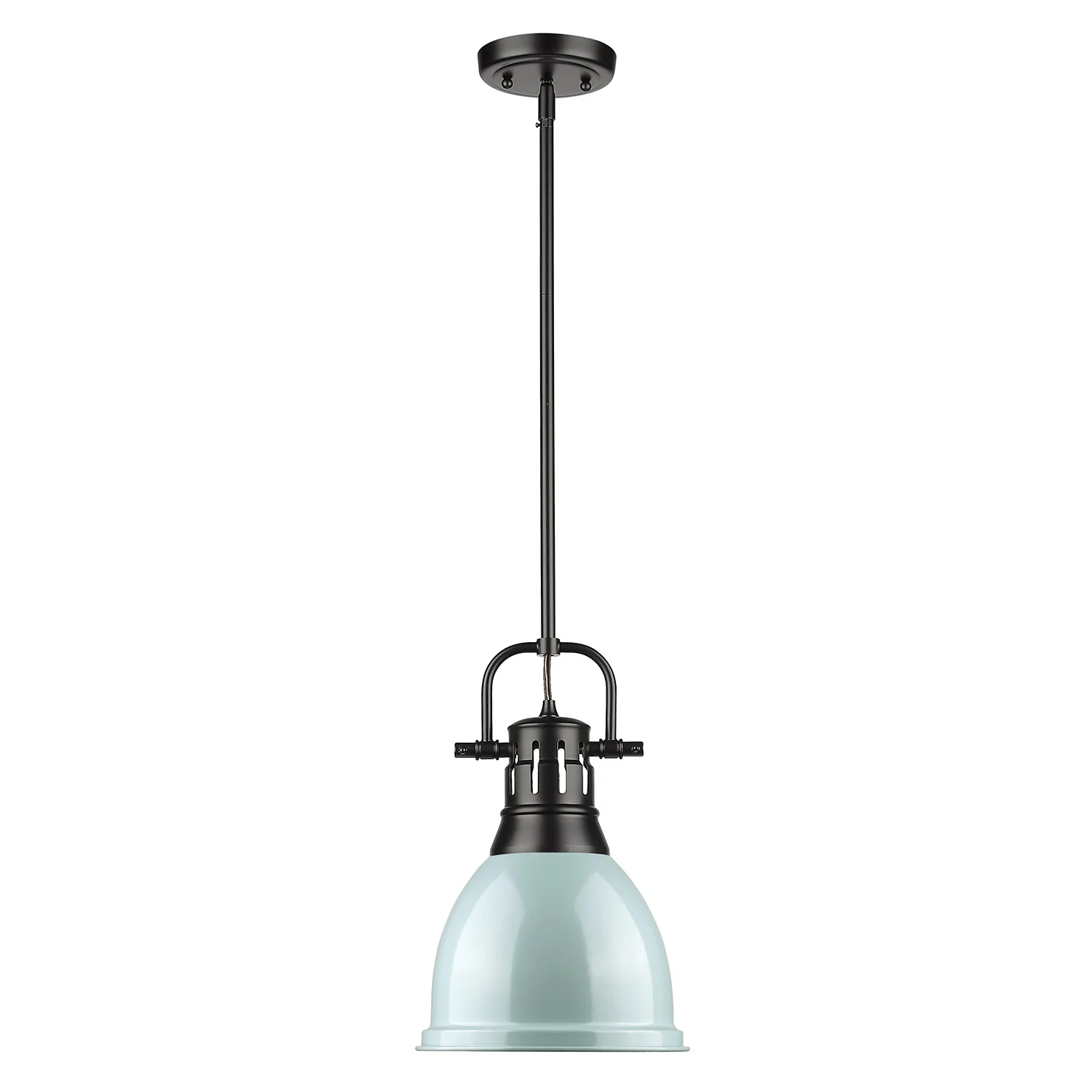 Duncan 1-light 9in Rod Hung Pendant in Matte Black and Seafoam shade - Image 2