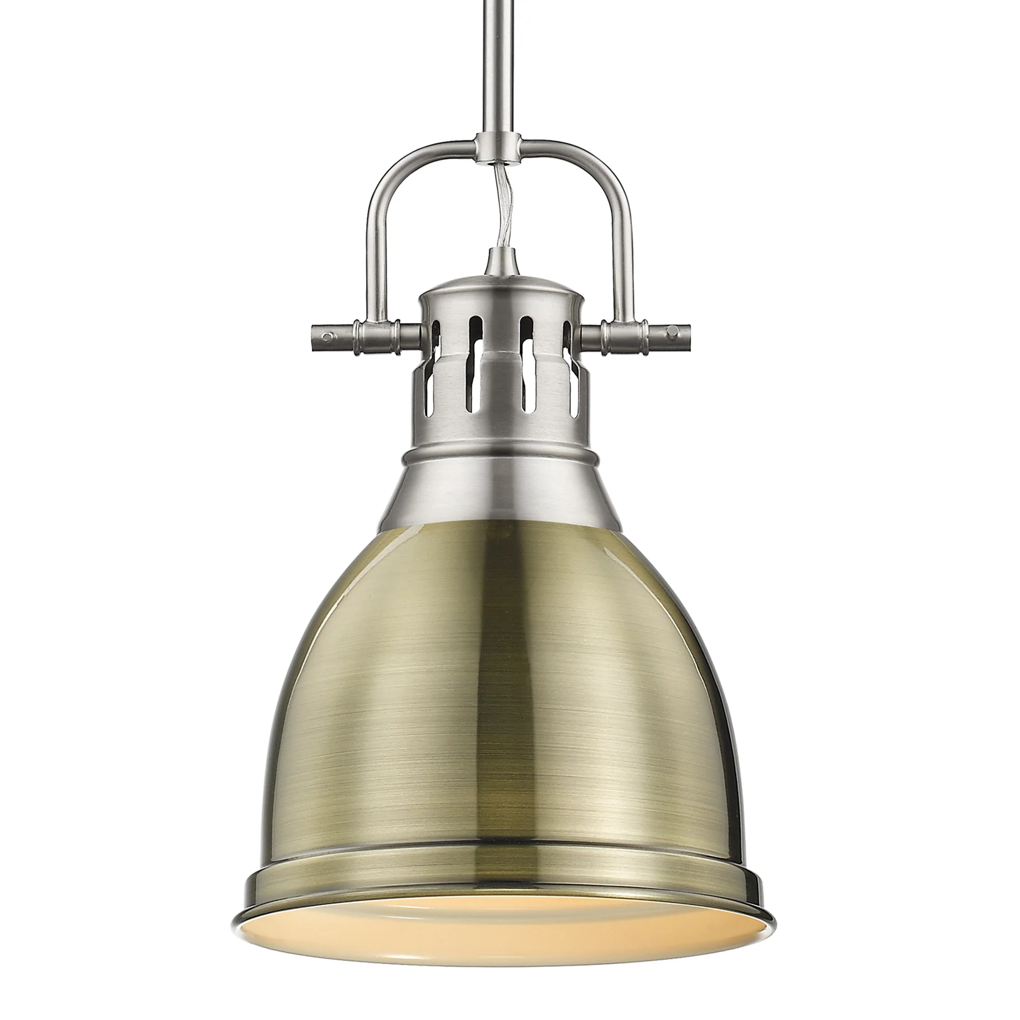Duncan 1-light 9in Rod Hung Pendant in Pewter and Aged Brass shade