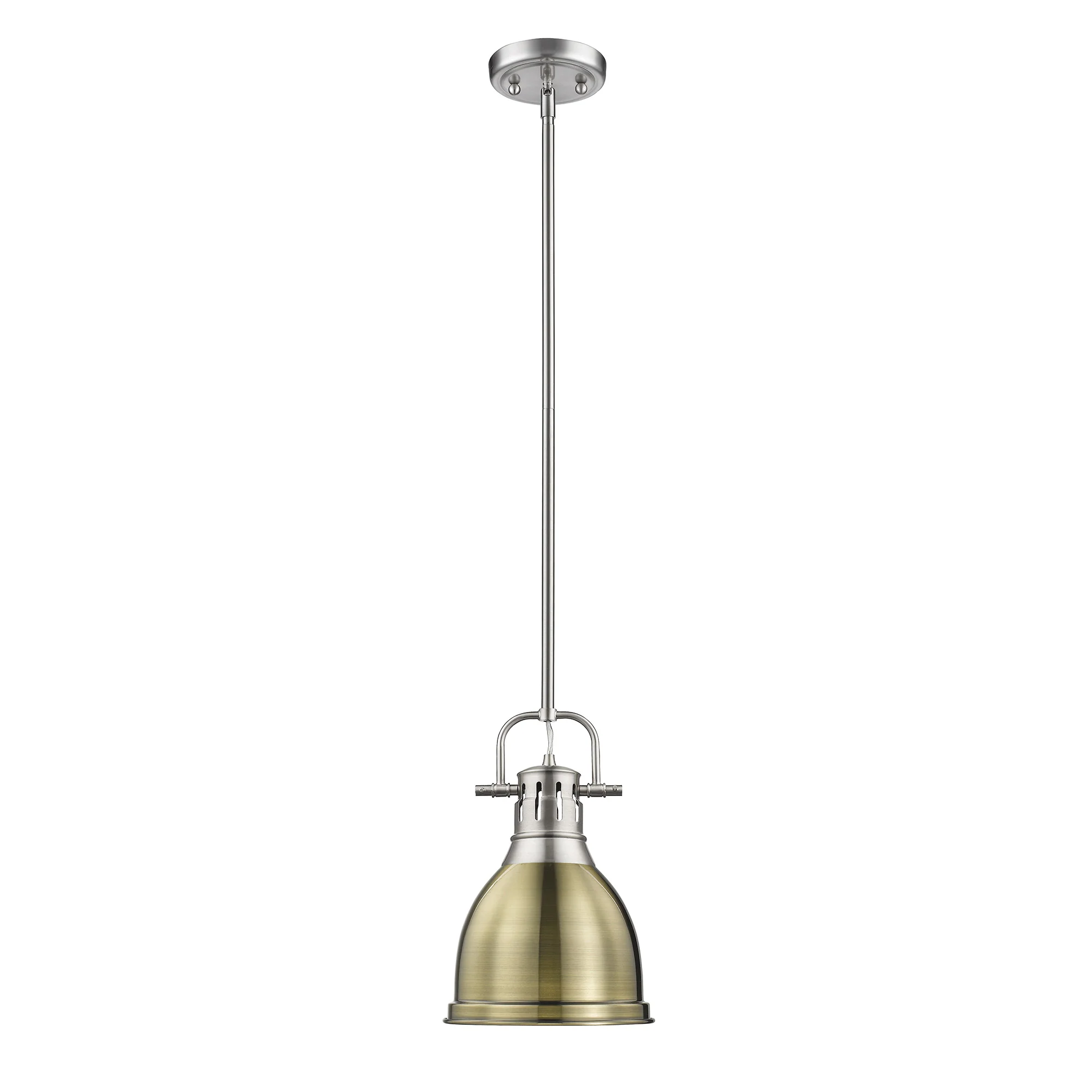 Duncan 1-light 9in Rod Hung Pendant in Pewter and Aged Brass shade - Image 2