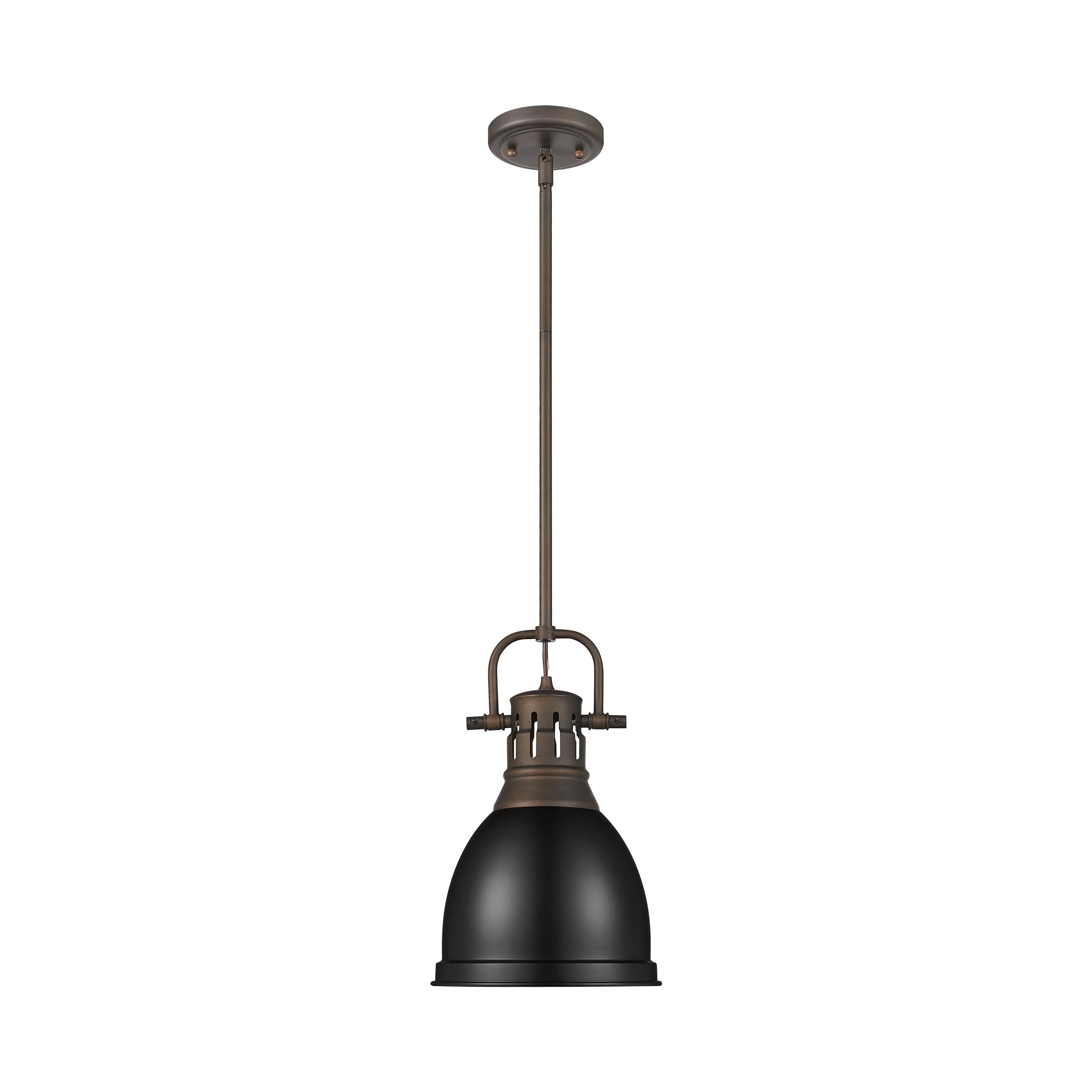 Duncan 1-light 9in Rod Hung Pendant in Rubbed Bronze and Black shade - Image 4