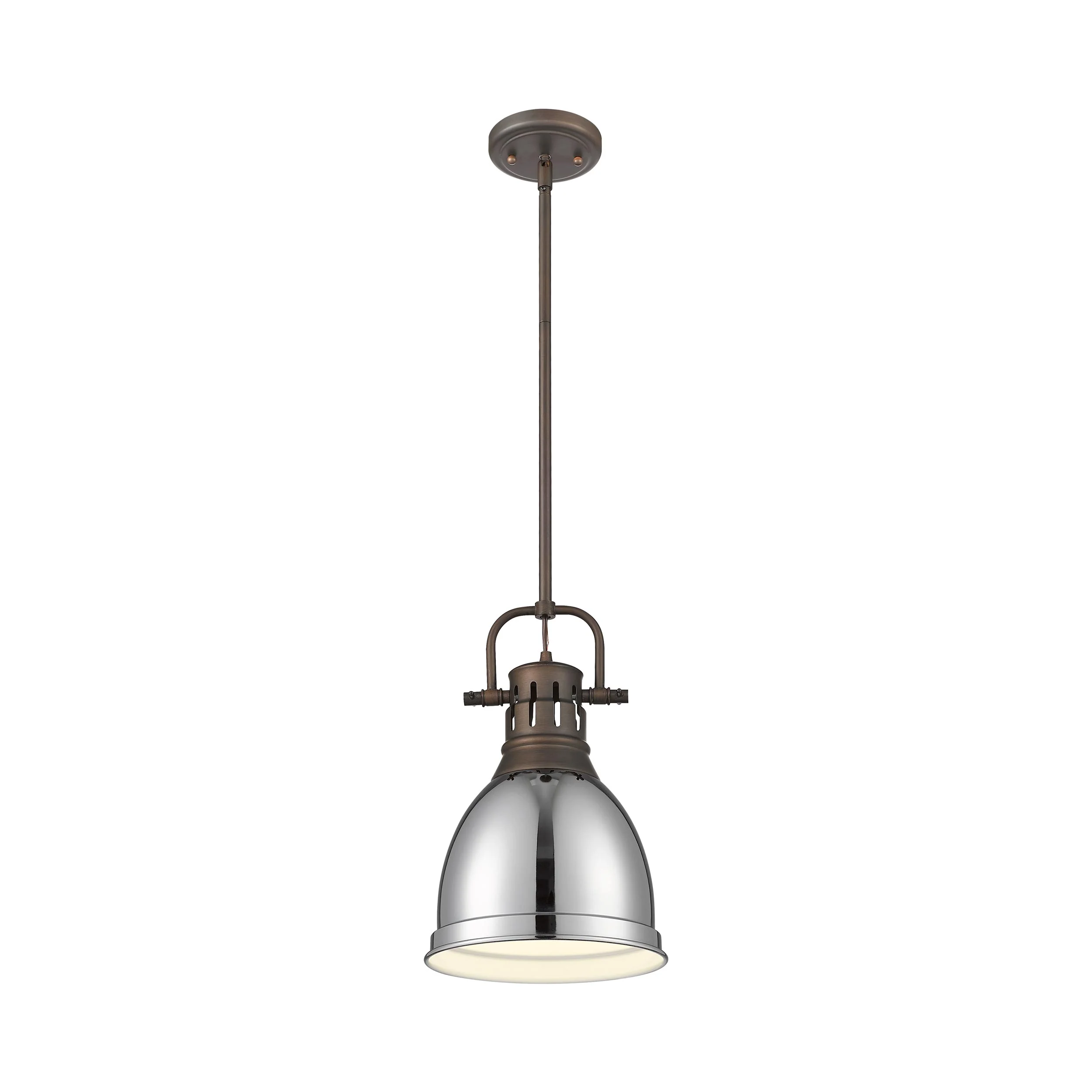 Duncan 1-light 9in Rod Hung Pendant in Rubbed Bronze and Chrome shade - Image 3