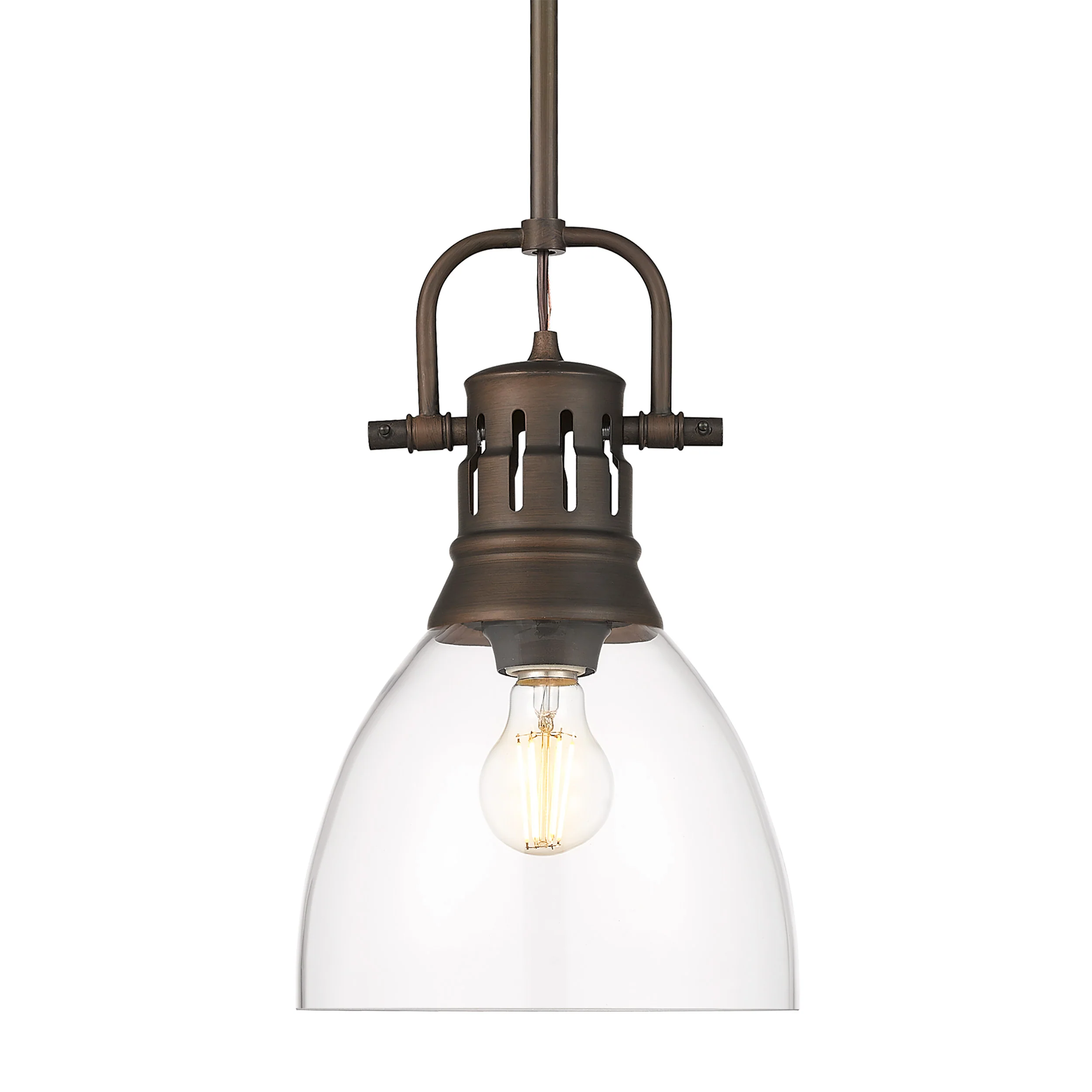 Duncan 1-light 9in rod hung Pendant in Rubbed Bronze and Clear Glass