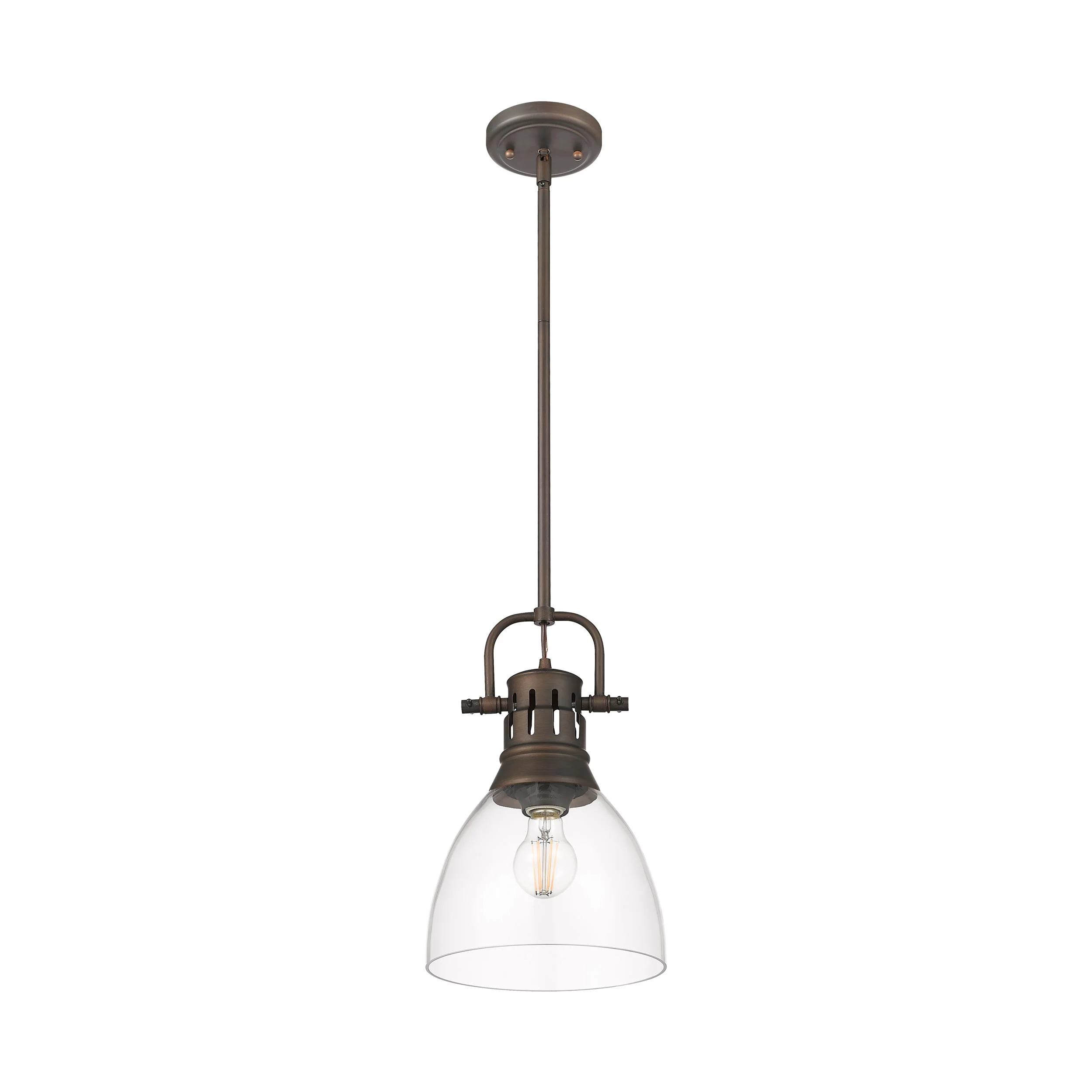 Duncan 1-light 9in rod hung Pendant in Rubbed Bronze and Clear Glass - Image 2