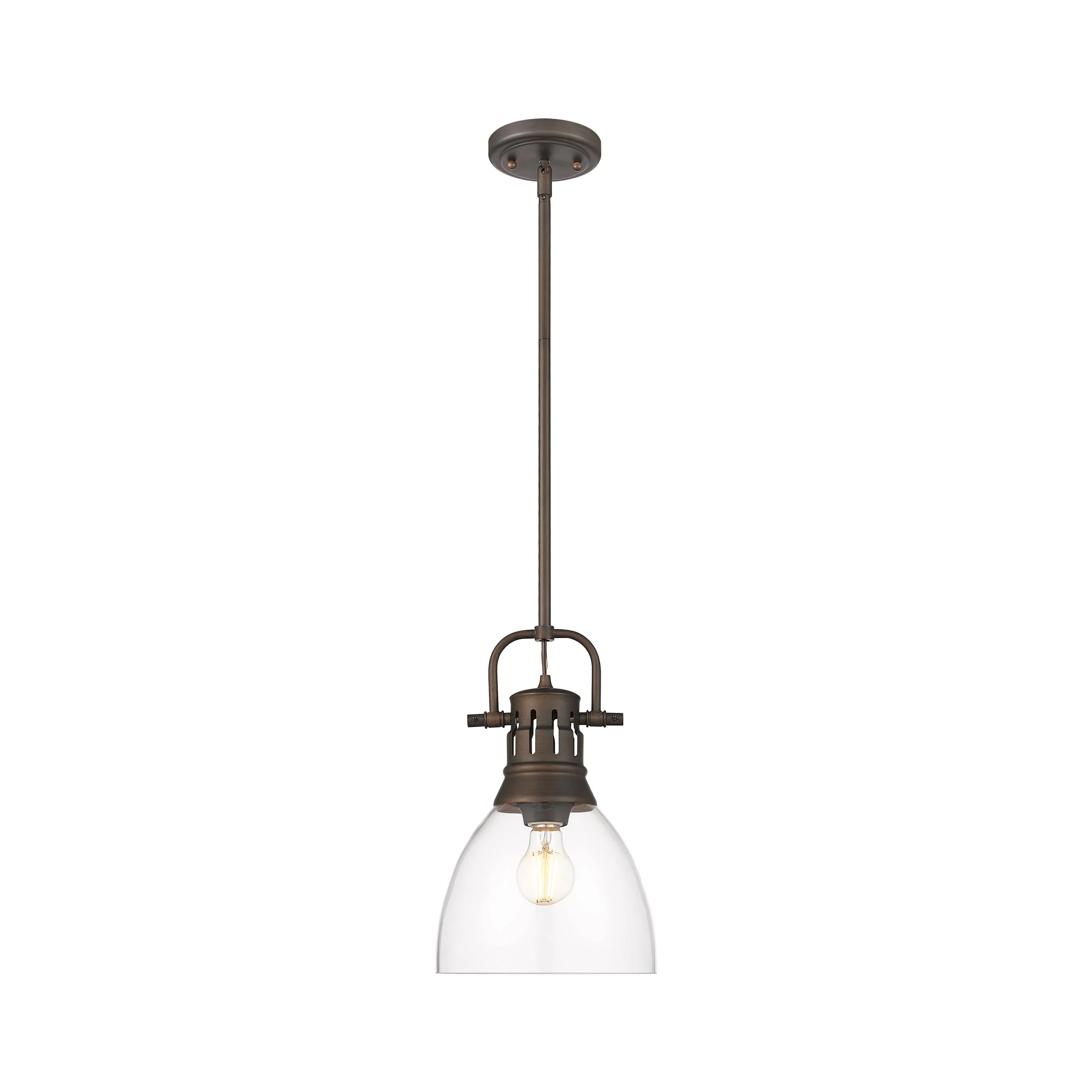 Duncan 1-light 9in rod hung Pendant in Rubbed Bronze and Clear Glass - Image 3