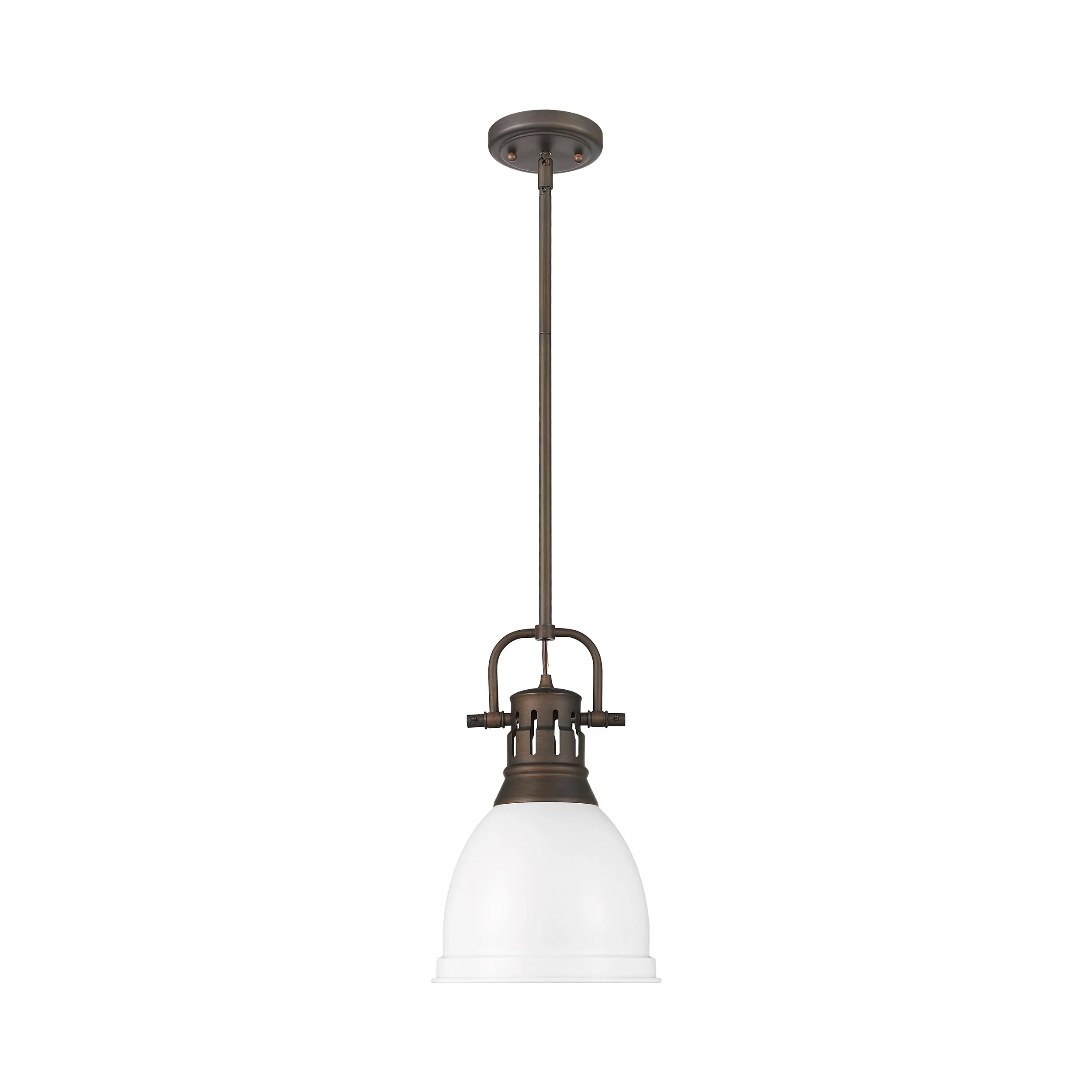 Duncan 1-light 9in Rod Hung Pendant in Rubbed Bronze and Matte White shade - Image 4
