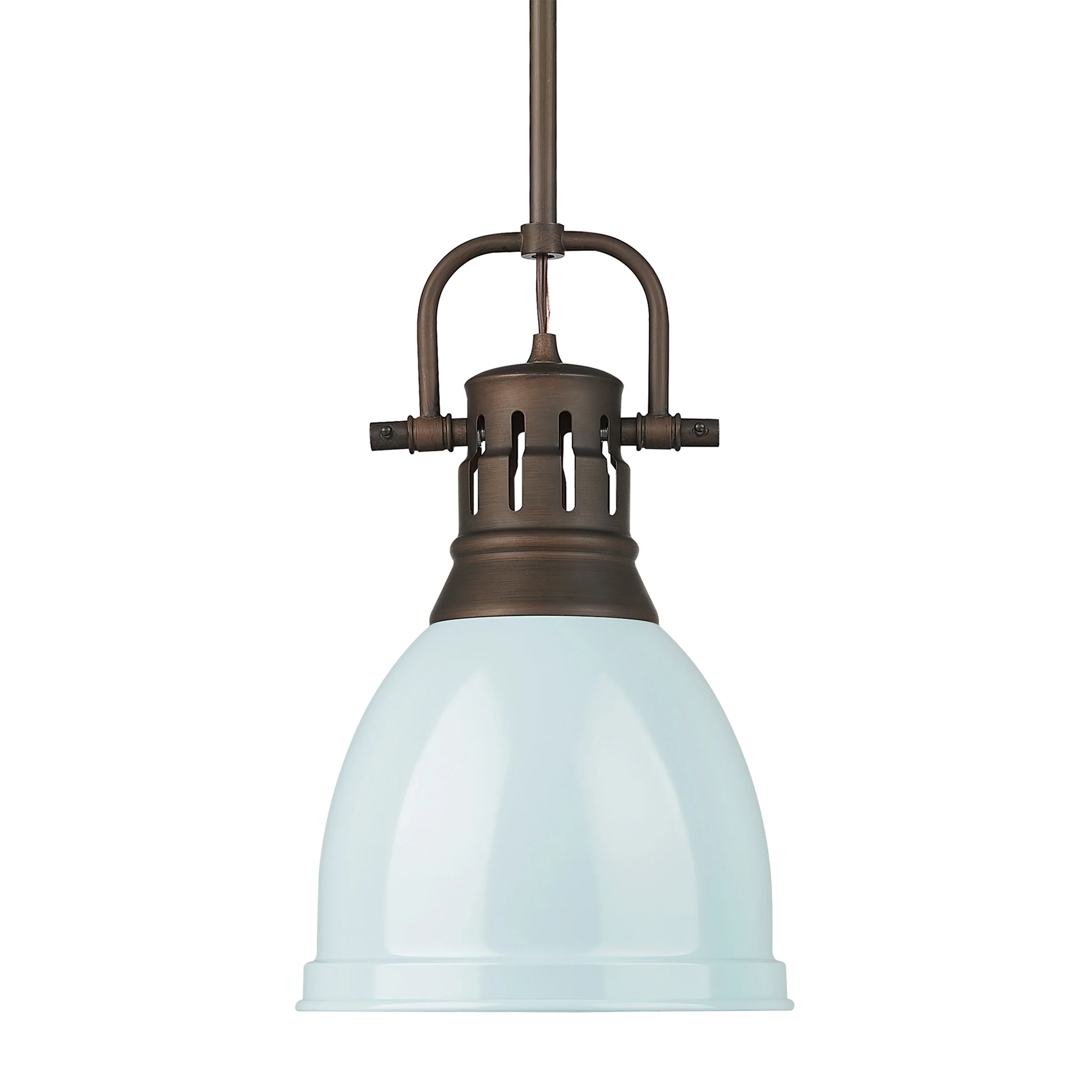 Duncan 1-light 9in Rod Hung Pendant in Rubbed Bronze and Seafoam shade