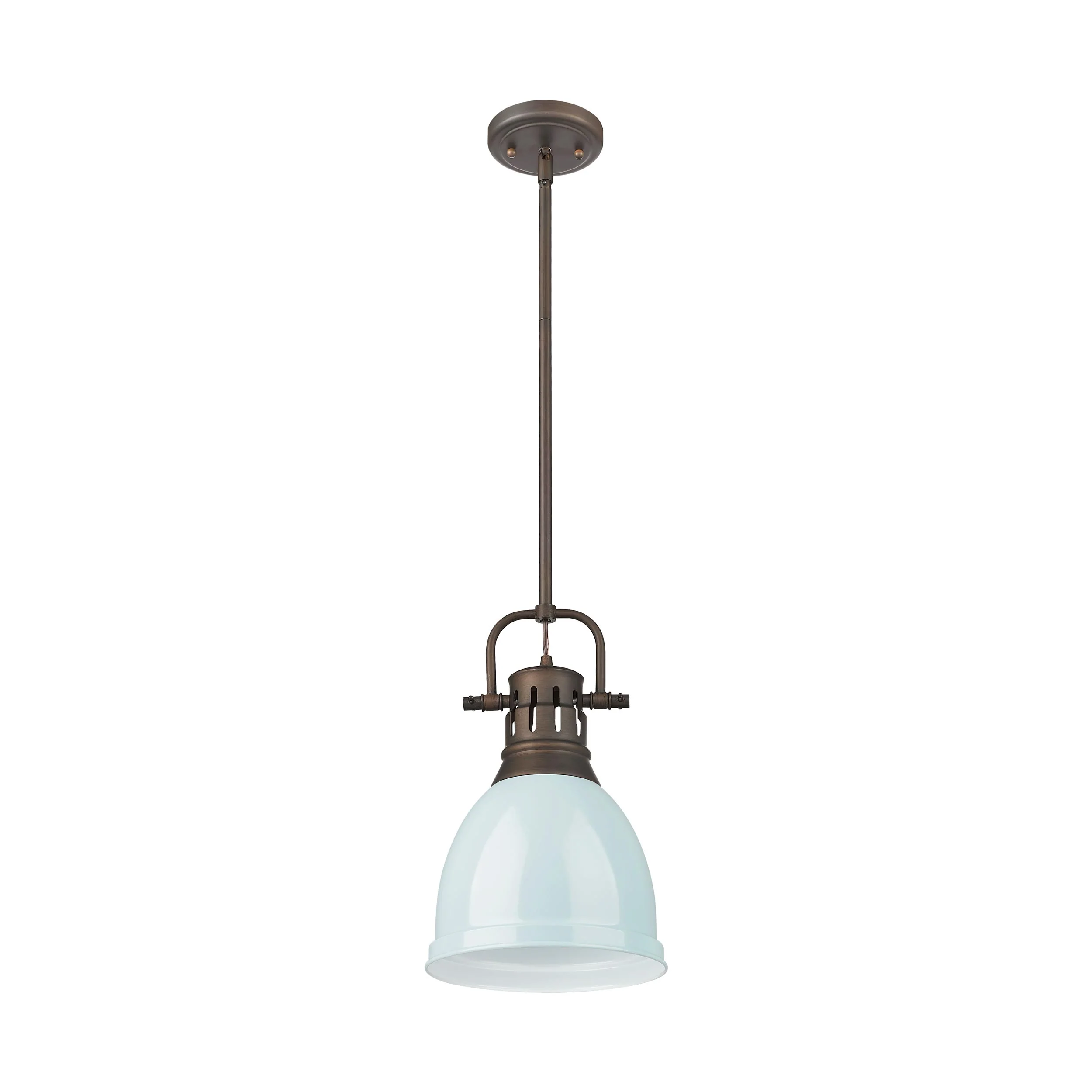 Duncan 1-light 9in Rod Hung Pendant in Rubbed Bronze and Seafoam shade - Image 2