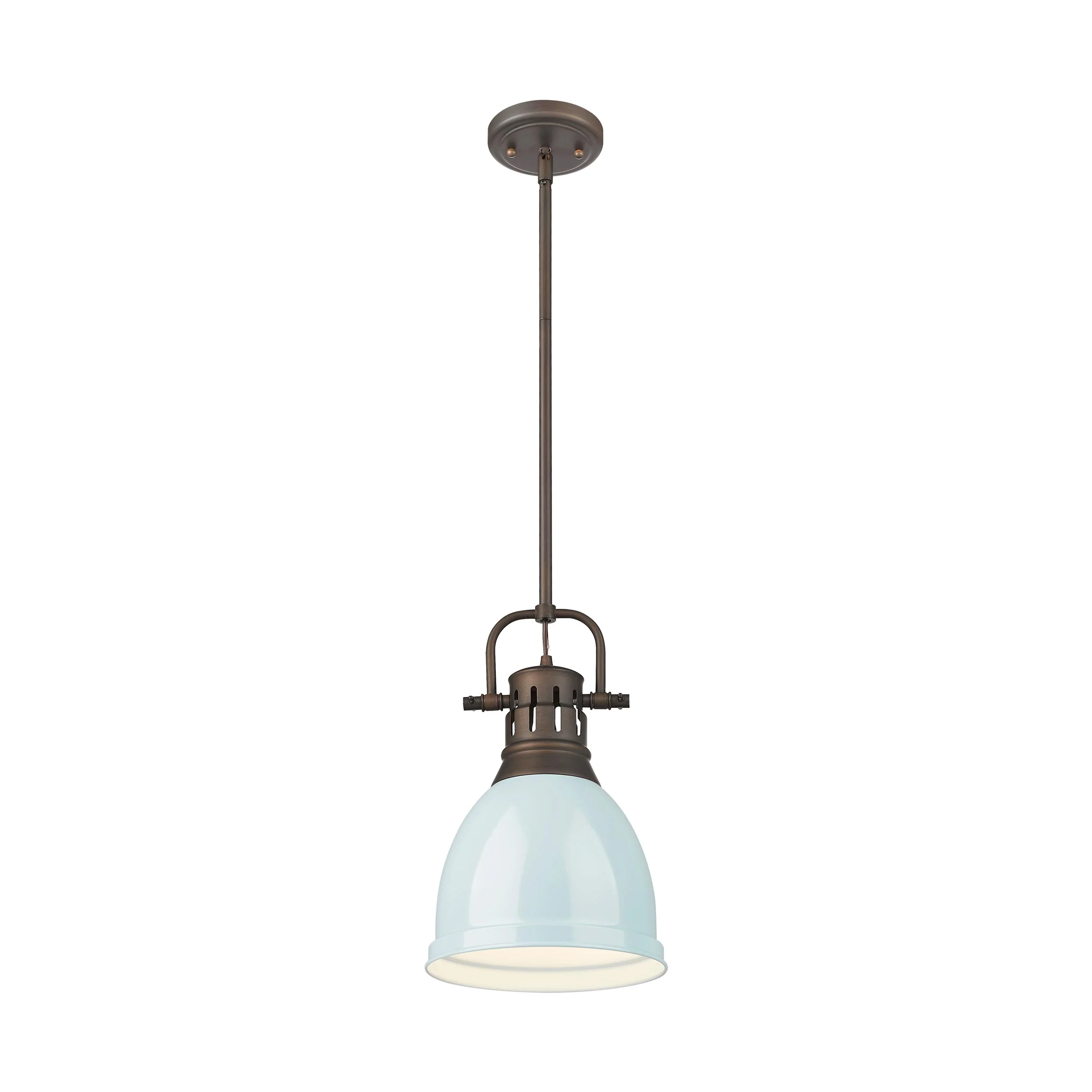 Duncan 1-light 9in Rod Hung Pendant in Rubbed Bronze and Seafoam shade - Image 3