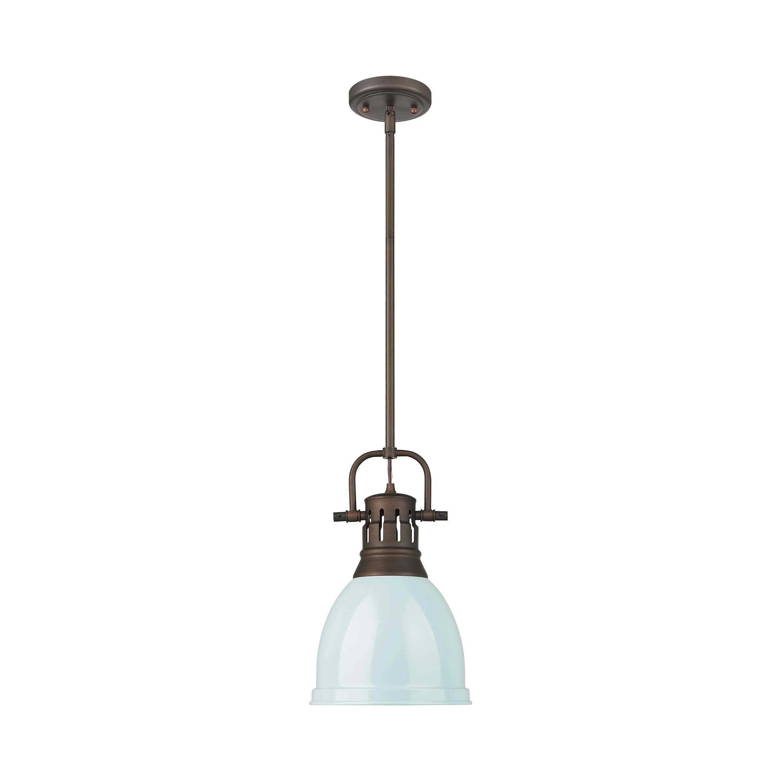 Duncan 1-light 9in Rod Hung Pendant in Rubbed Bronze and Seafoam shade - Image 4
