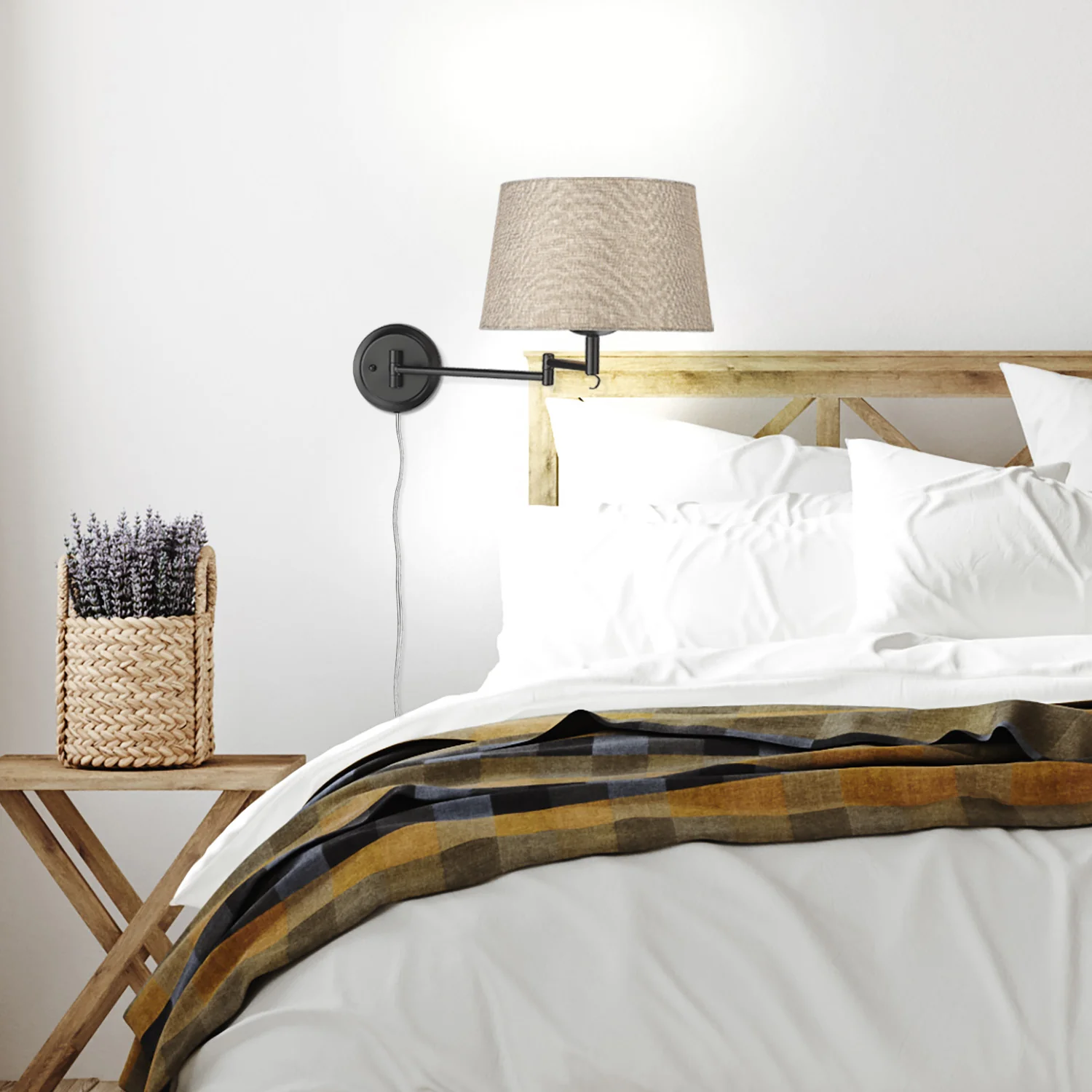 Eleanor 1-light Swing Arm Wall Lamp in Matte Black and Natural Sisal shade - Image 8
