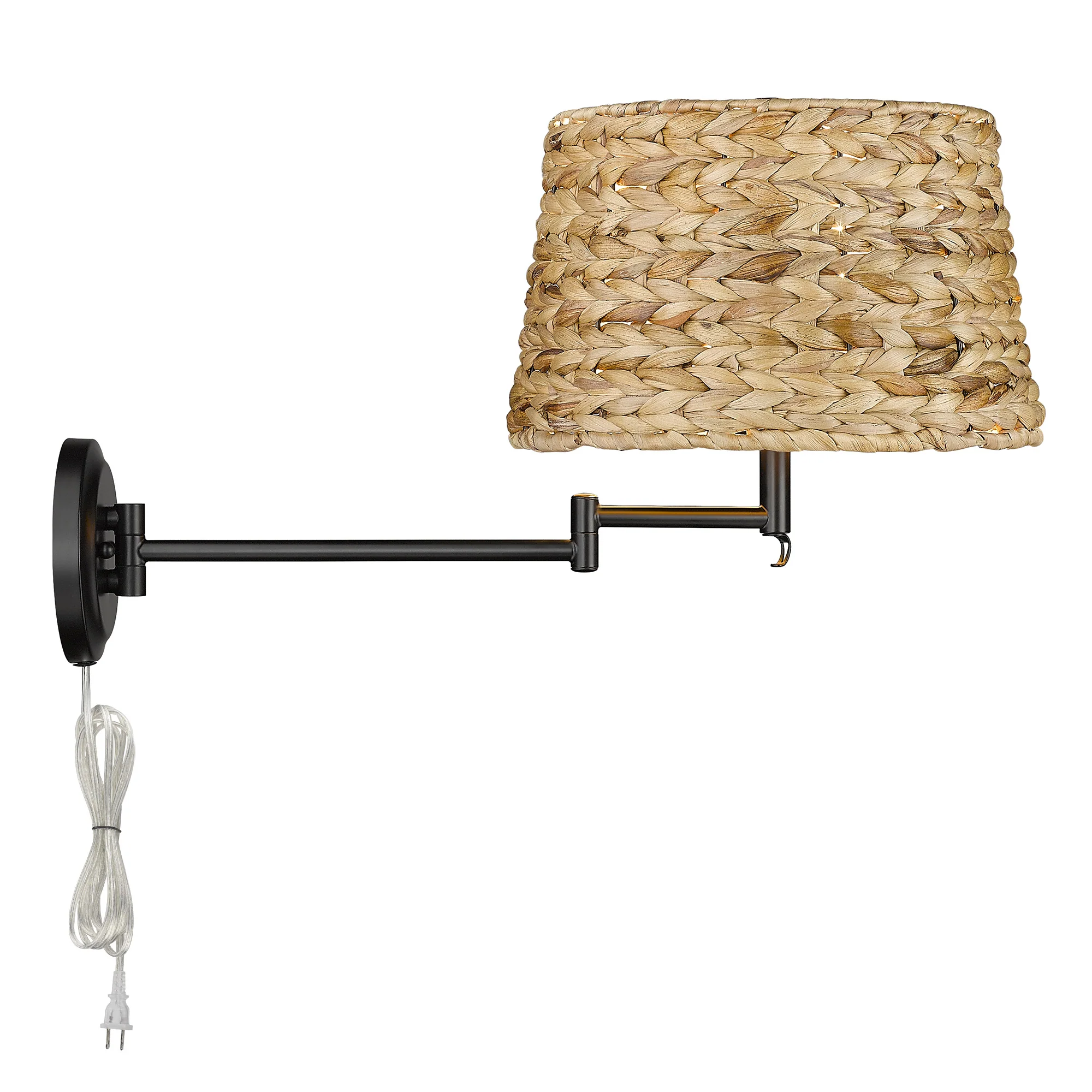 Eleanor 1-light Swing Arm Wall Lamp in Matte Black and Woven Sweet Grass shade - Image 2