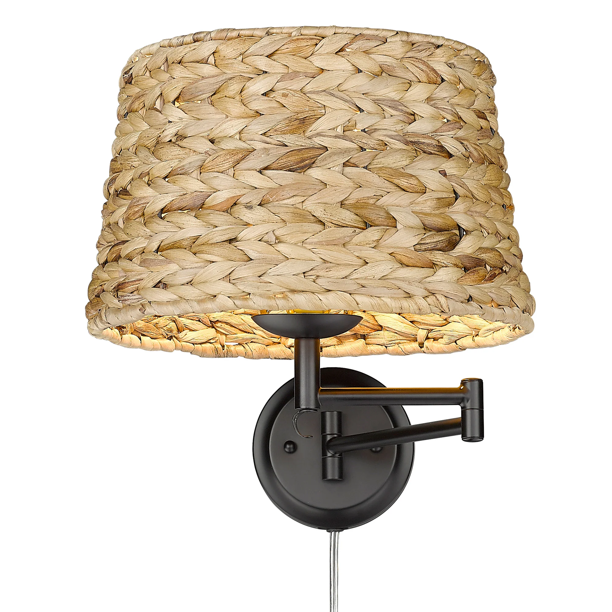 Eleanor 1-light Swing Arm Wall Lamp in Matte Black and Woven Sweet Grass shade - Image 3