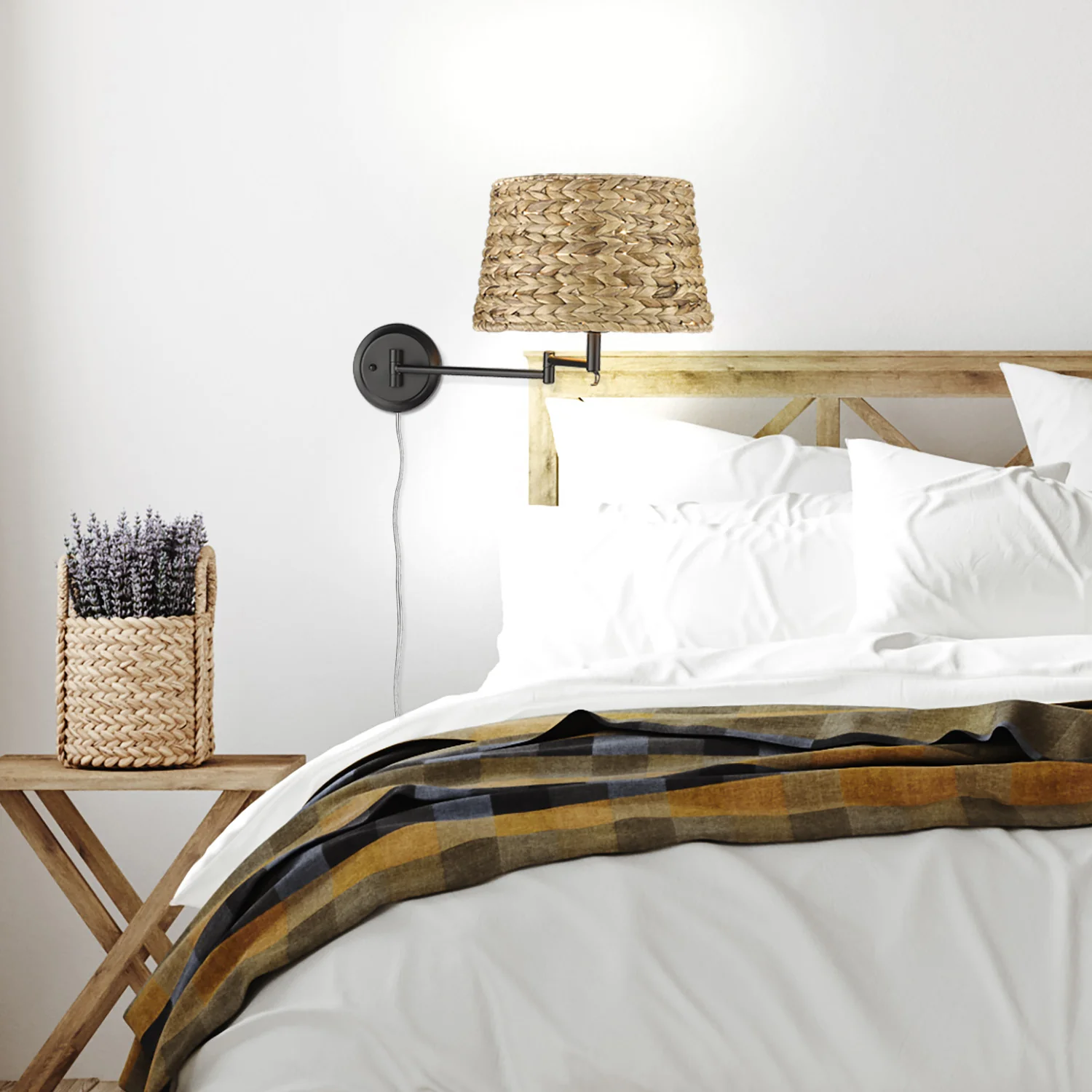 Eleanor 1-light Swing Arm Wall Lamp in Matte Black and Woven Sweet Grass shade - Image 7